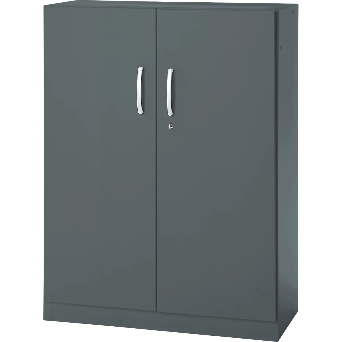 Dark grey steel cabinet with two doors, silver handles and lock.