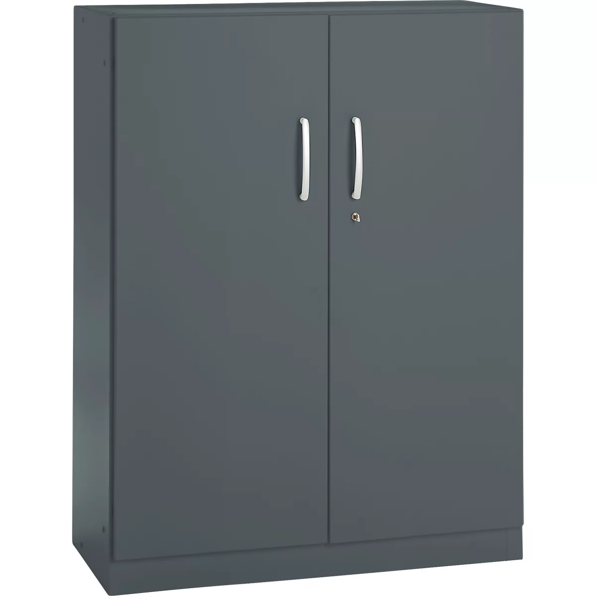 Dark gray cabinet with two doors, silver handles, and a lock.