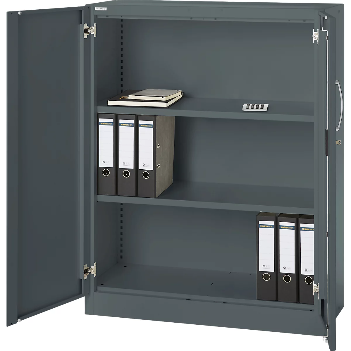 Grey steel cabinet with open door, shelves, and folders. A notepad is on the top shelf.