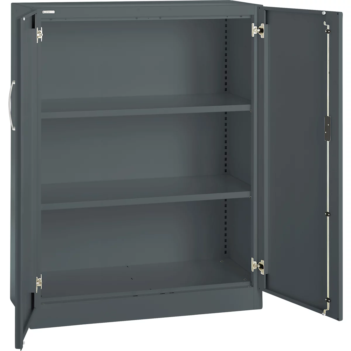 Gray steel cabinet, doors open. Inside with three shelves, hinges and handle visible.