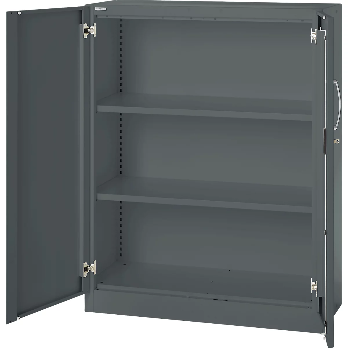 Gray steel cabinet, left door open. Three shelves are visible inside the cabinet.