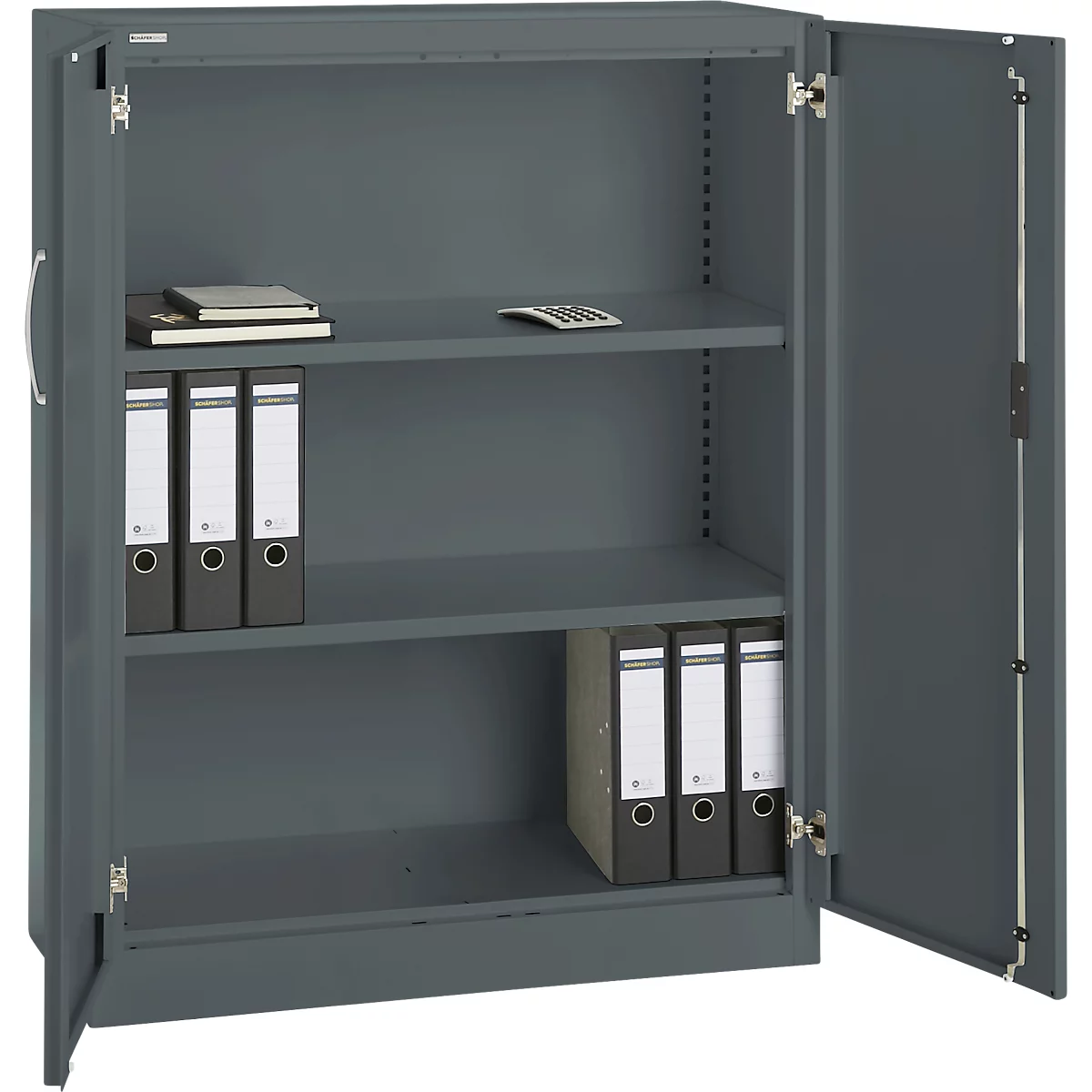 Grey filing cabinet with open door. Inside are folders, books and a calculator.