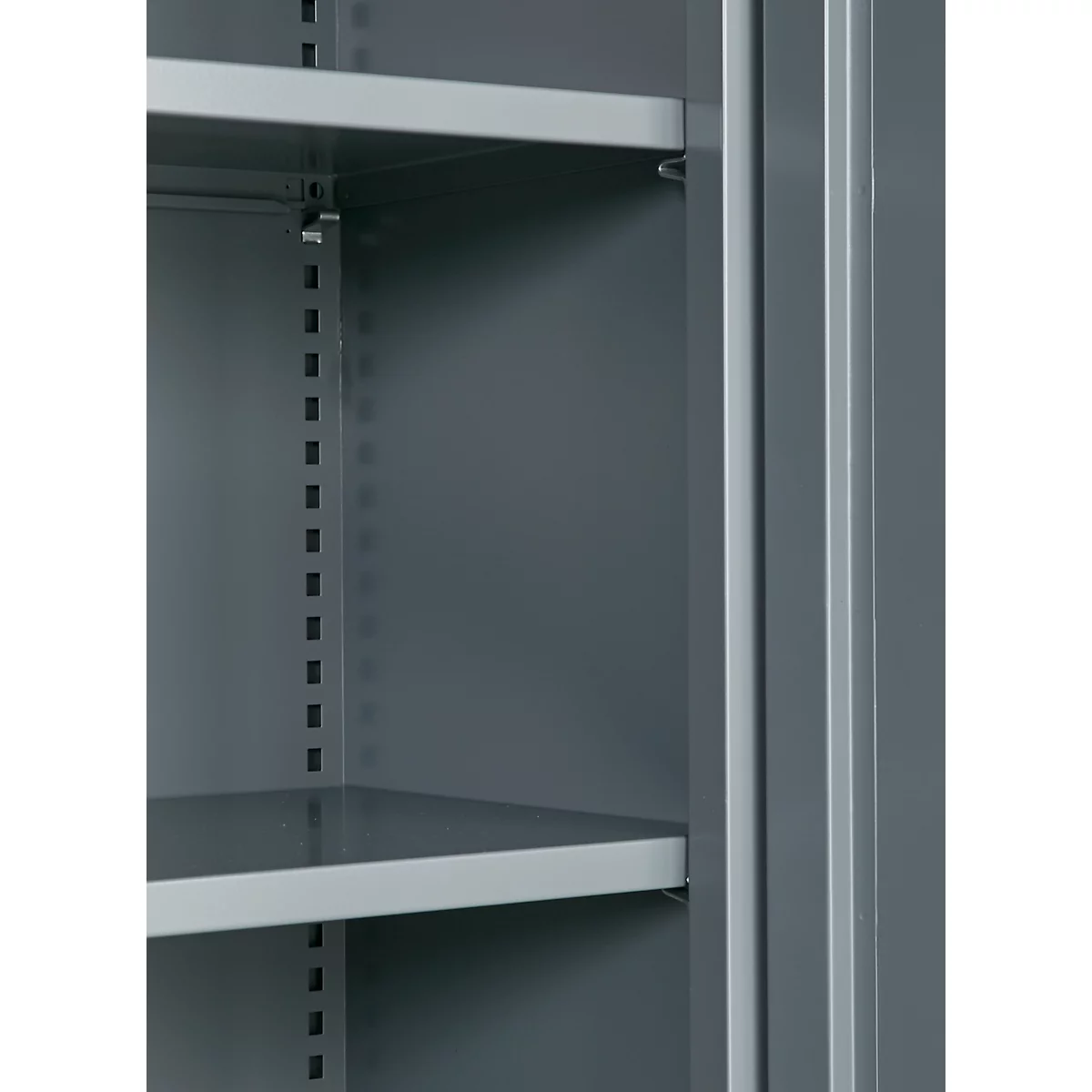 Grey cabinet with shelves. Detailed view of the interior, metallic surfaces.