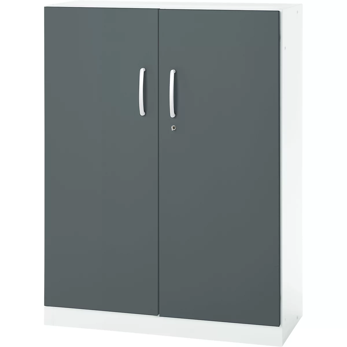 Grey cabinet with two doors, silver handles, and a keyhole.
