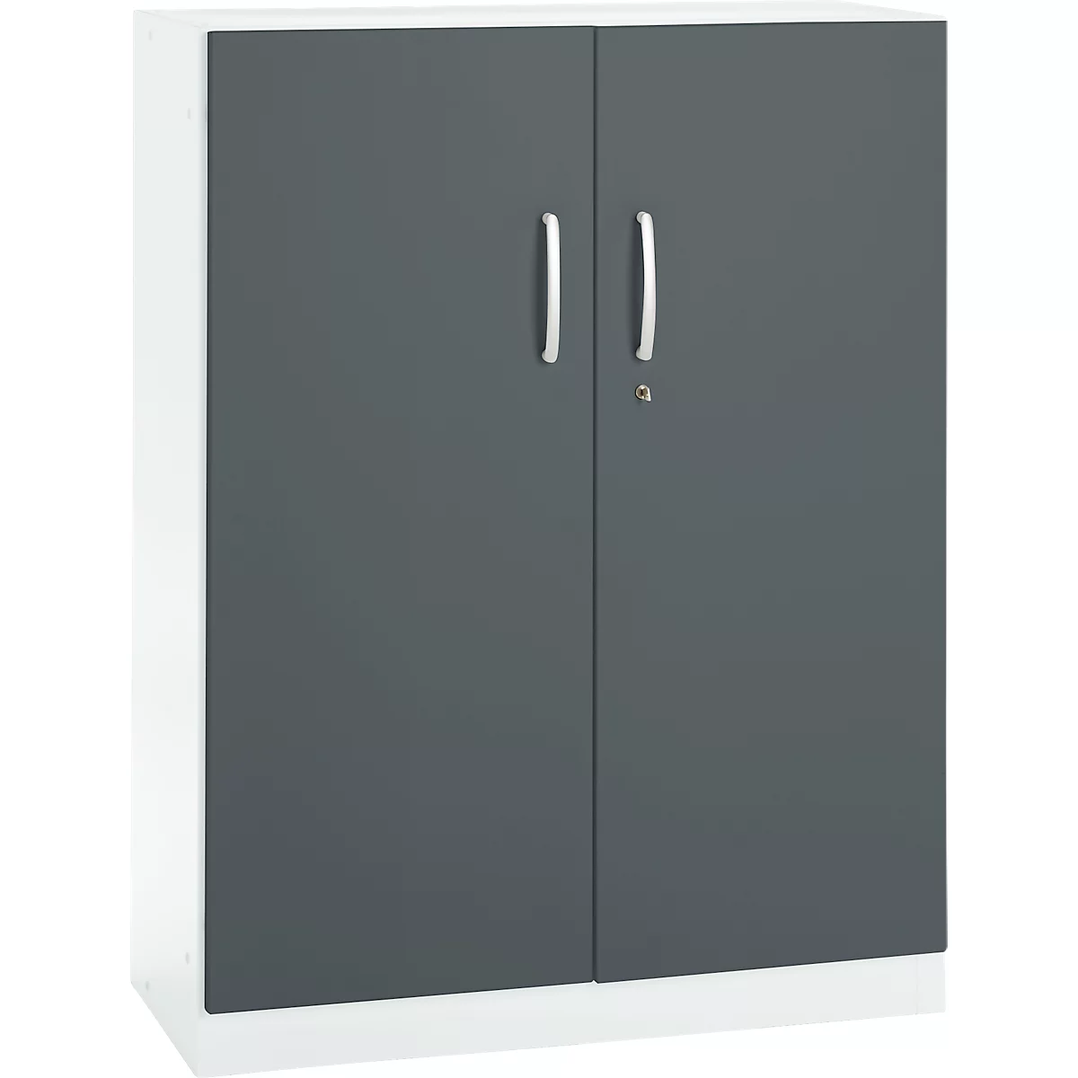 Grey cabinet with two doors, silver handles and a lock. White sides and bottom.