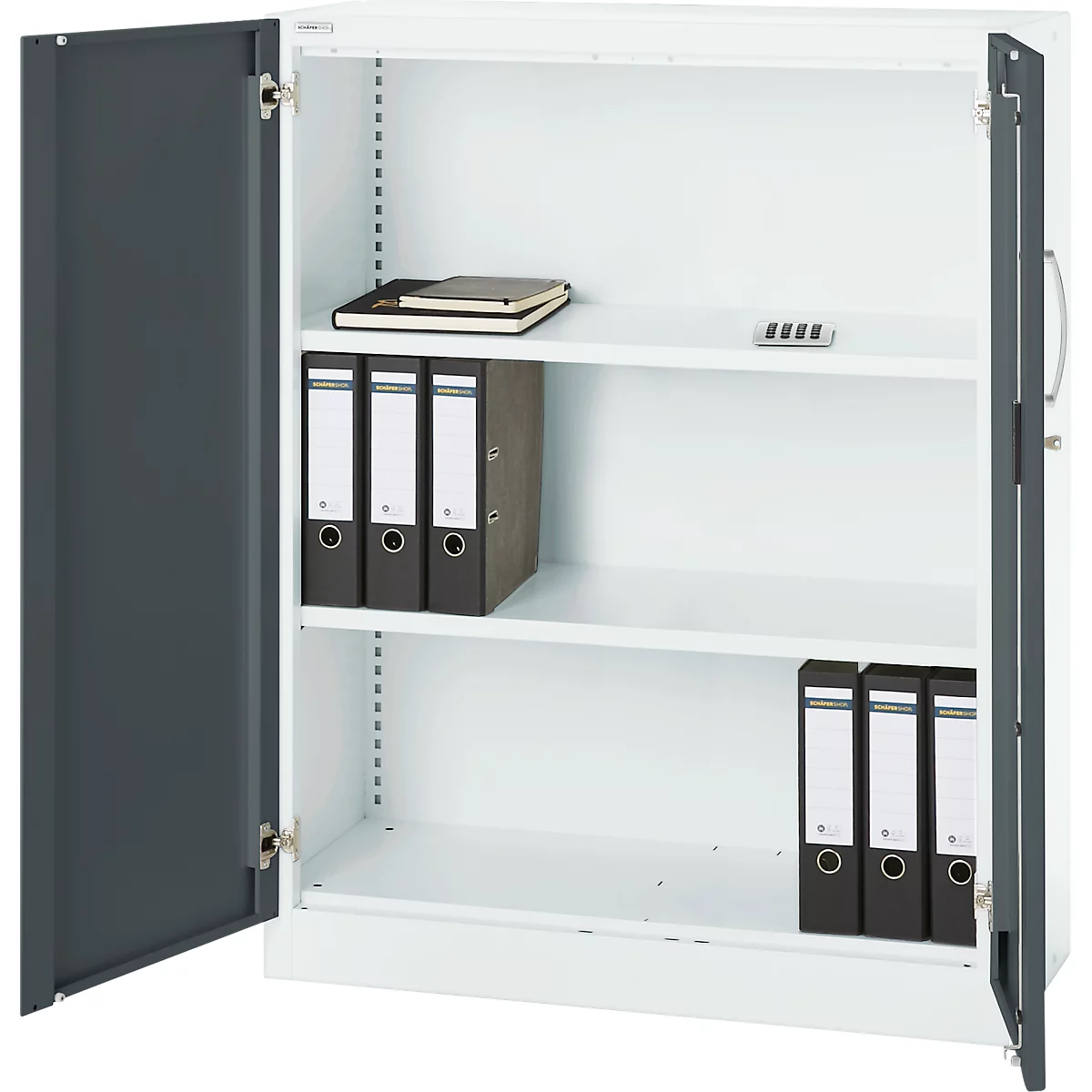 Open white filing cabinet with gray doors. Inside are folders and notes.