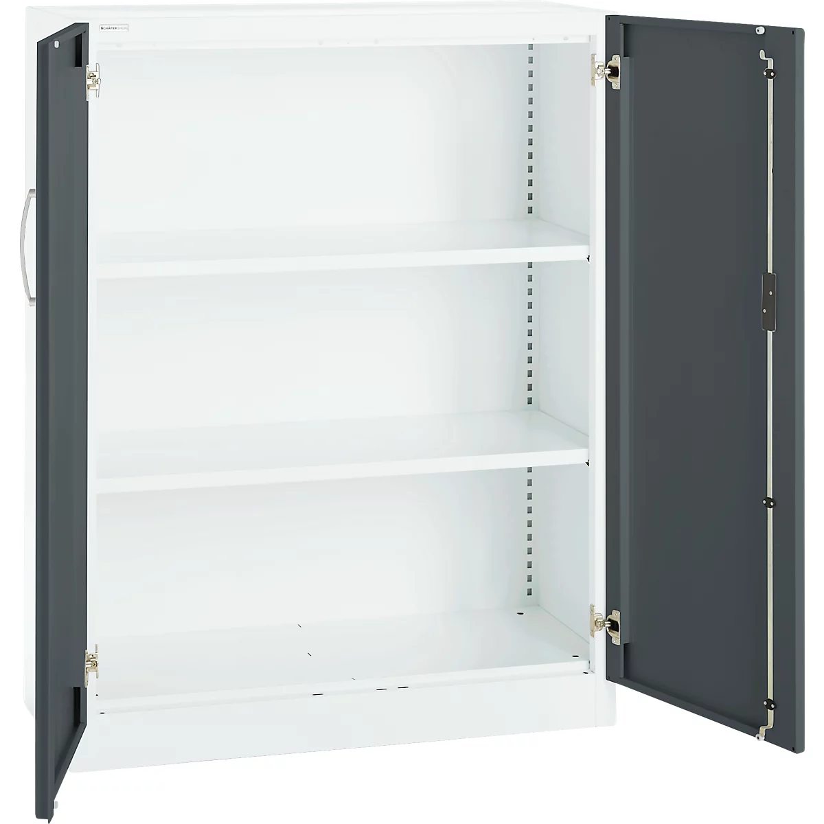 White cabinet with open gray doors. Inside are two shelves.