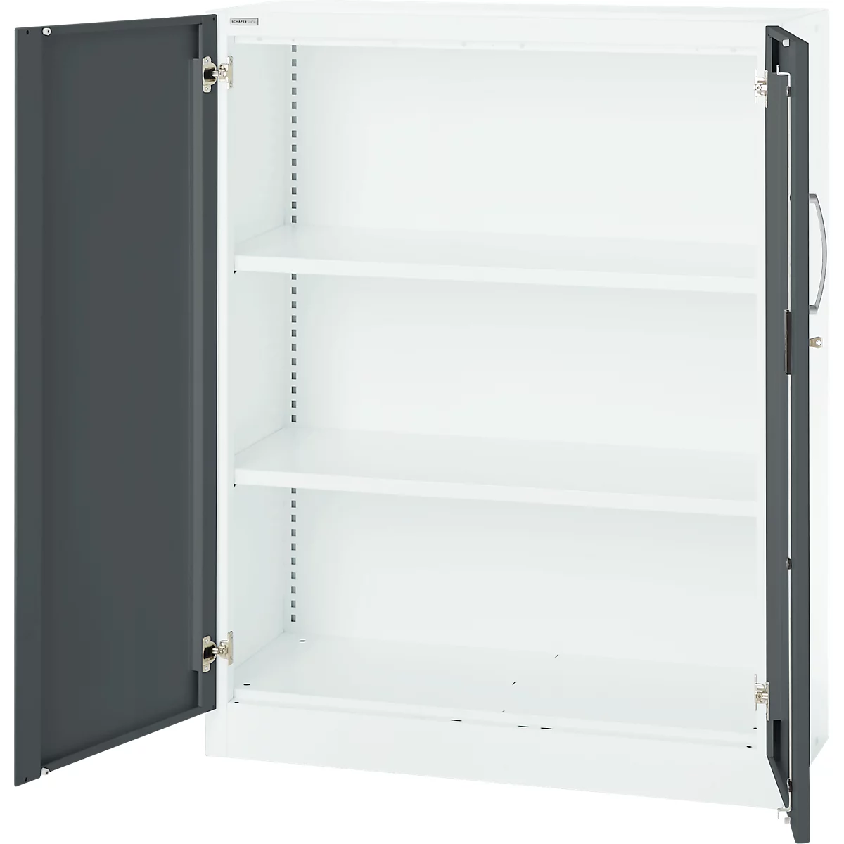 White cabinet with open gray doors. Inside, there are three shelves.
