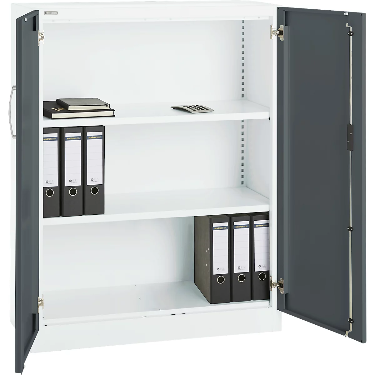Open white filing cabinet with grey doors filled with binders, notepad and calculator on the shelves.