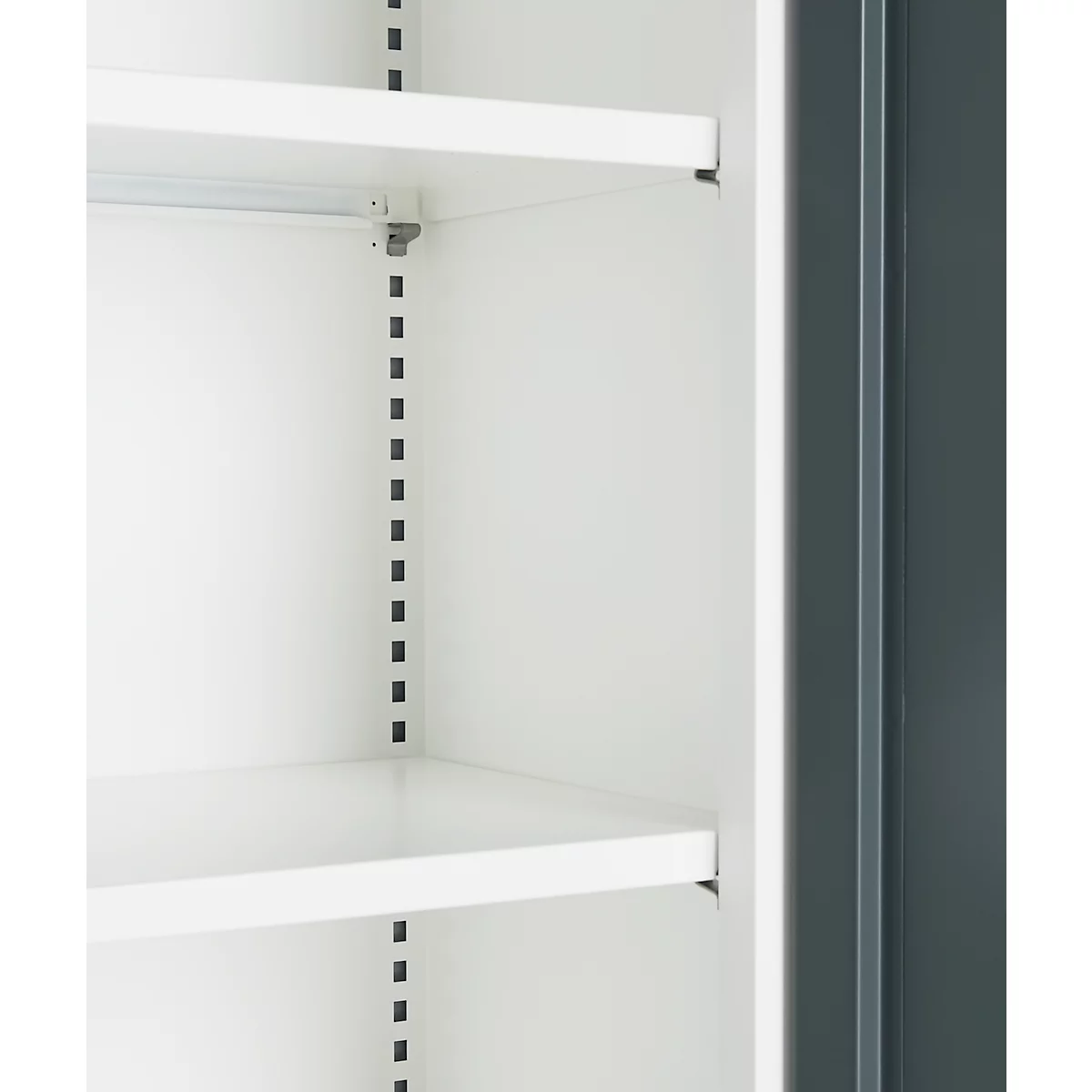 A white bookshelf with three shelves, dark screws, and a grey side panel.