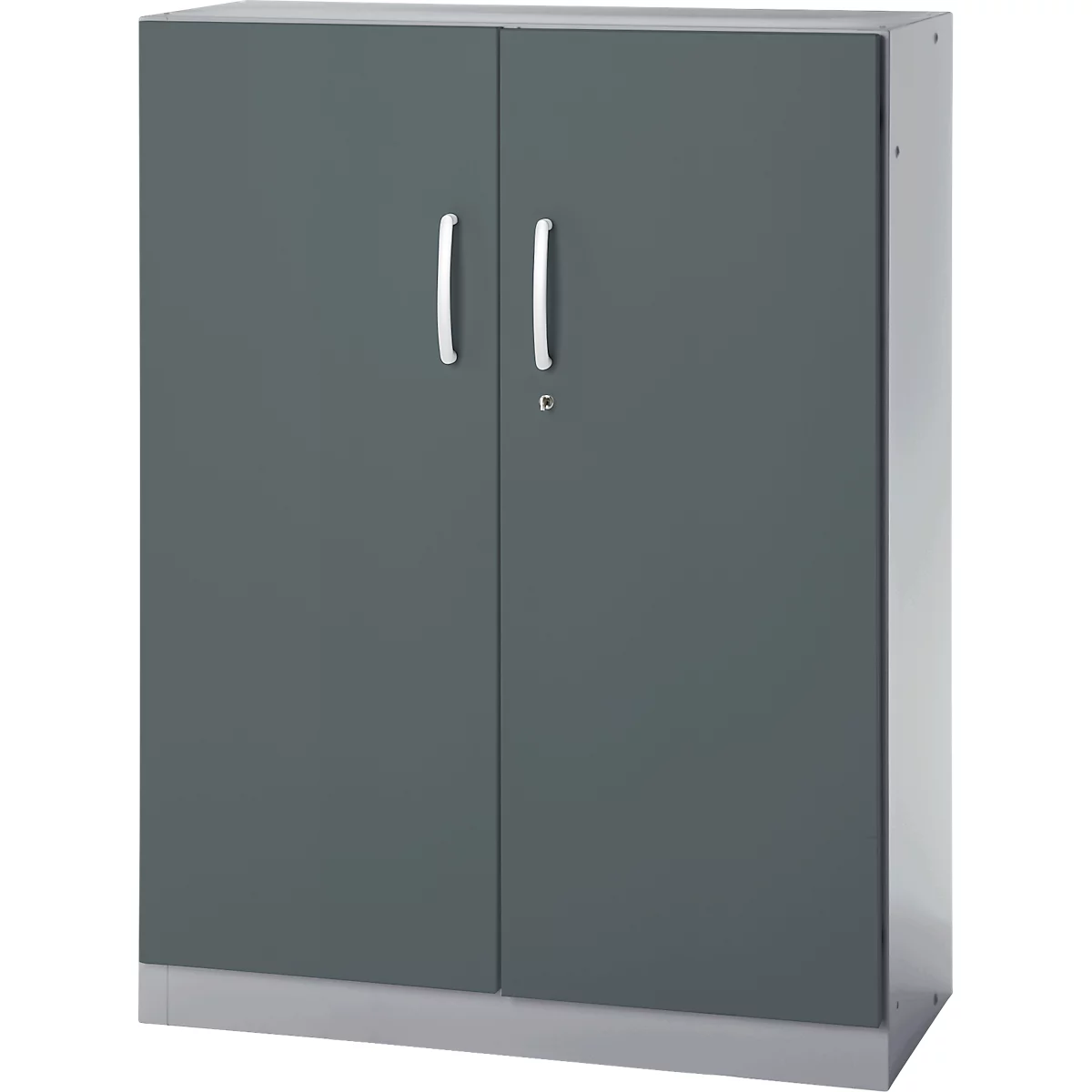 Gray file cabinet with two doors and silver handles.