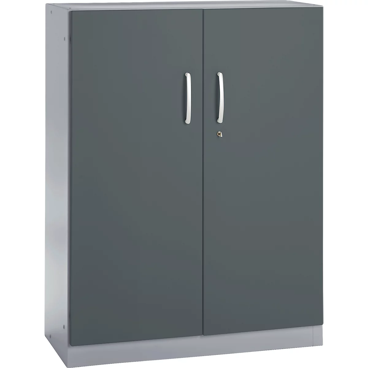Gray metal cabinet with two doors, silver handles, and a keyhole.