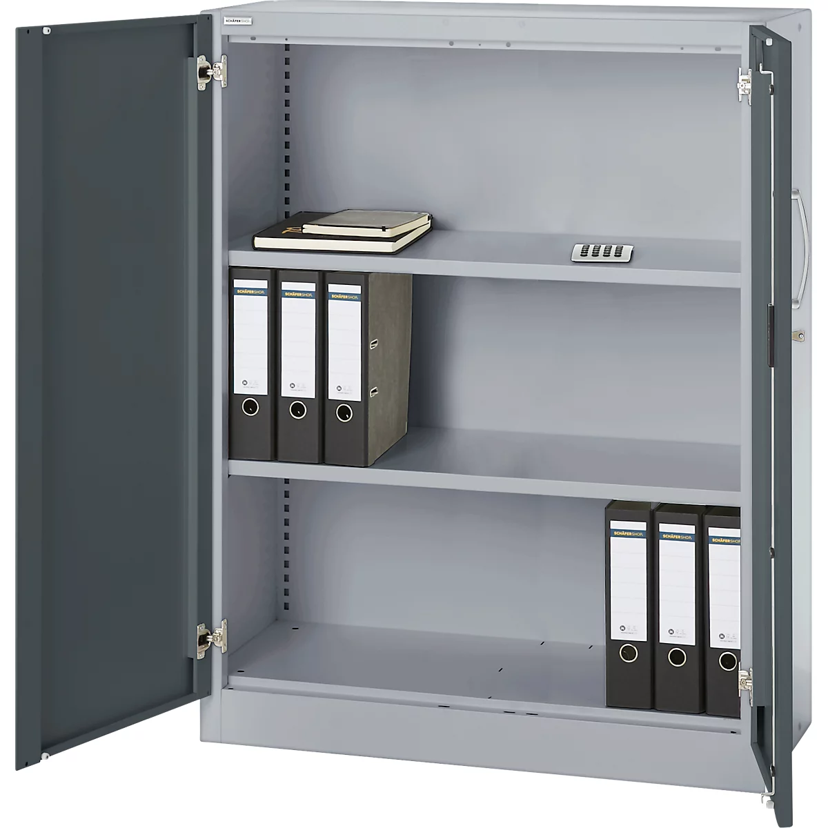 Grey steel cabinet, doors open, with folders and notebook. Light gray shelves.