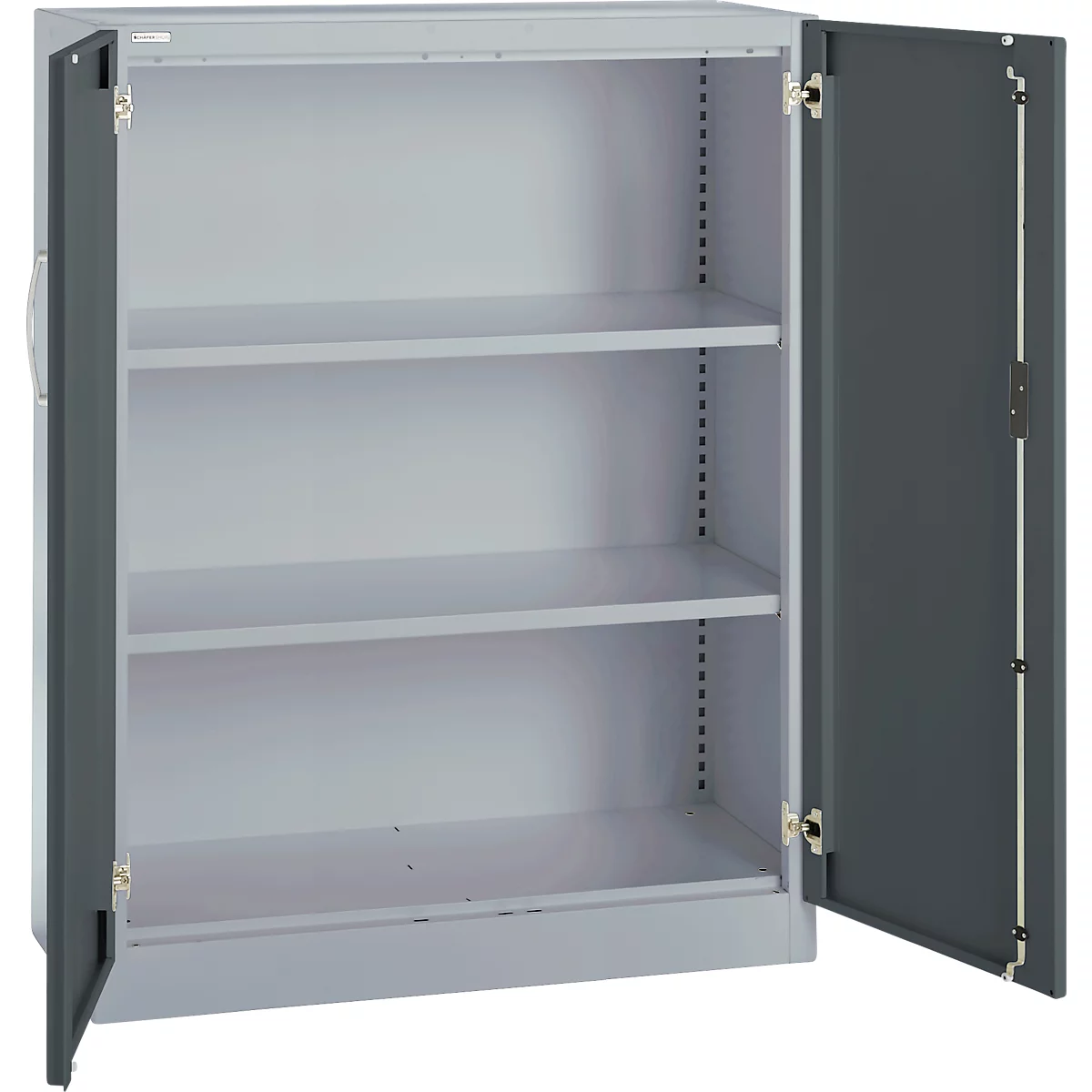 Grey steel cabinet, open door. Inside three shelves. The cabinet stands on a neutral background.