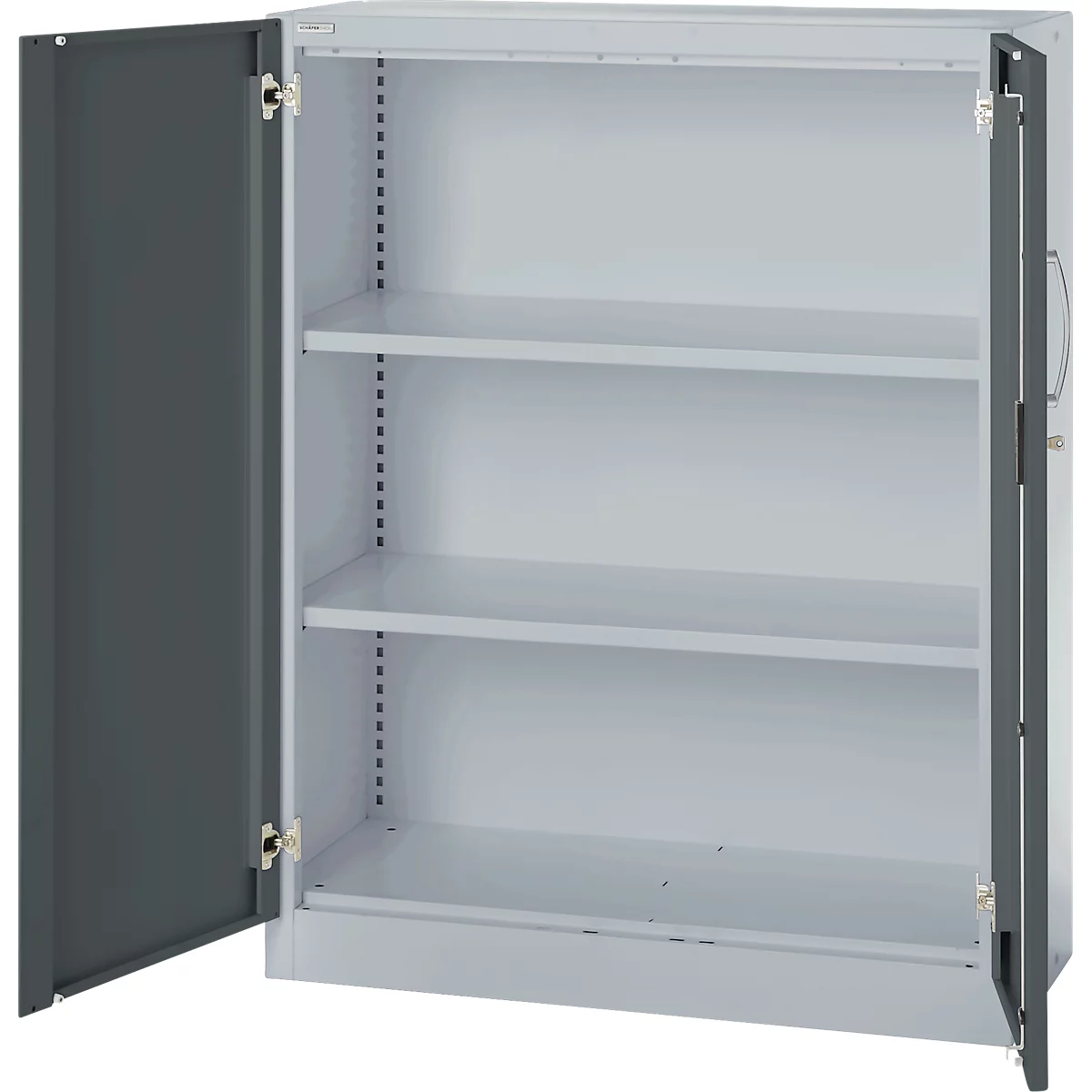 Steel cabinet with open doors, three shelves, light gray interior, dark gray doors.