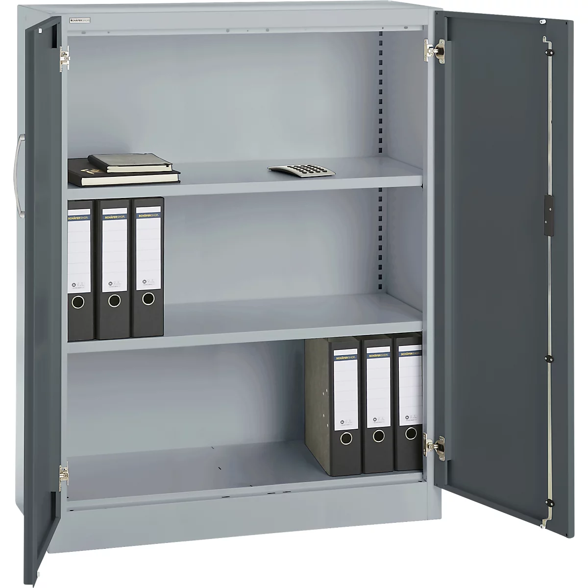 Gray file cabinet, open doors, folders and notebook on shelves.