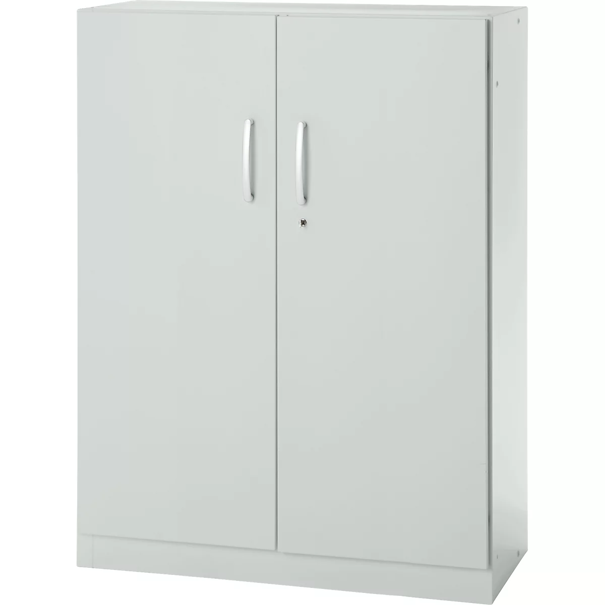 A white, tall cabinet with two doors, silver handles and a lock.