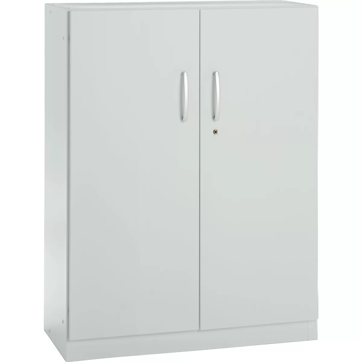 White cabinet with two doors, two handles, and a lock.