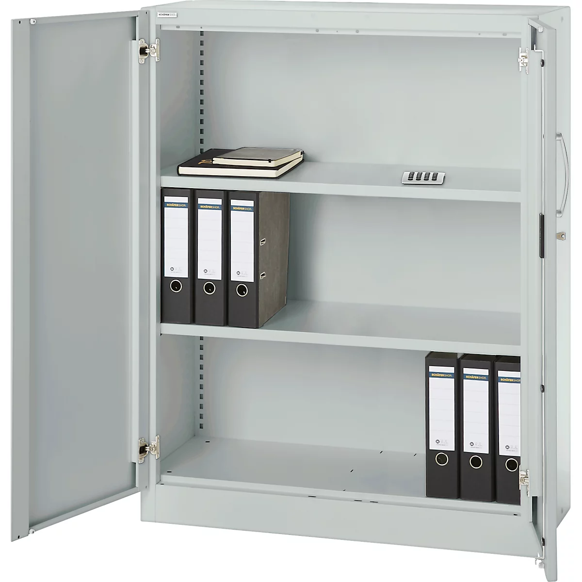 Gray file cabinet, open door. Folders and notebooks inside.