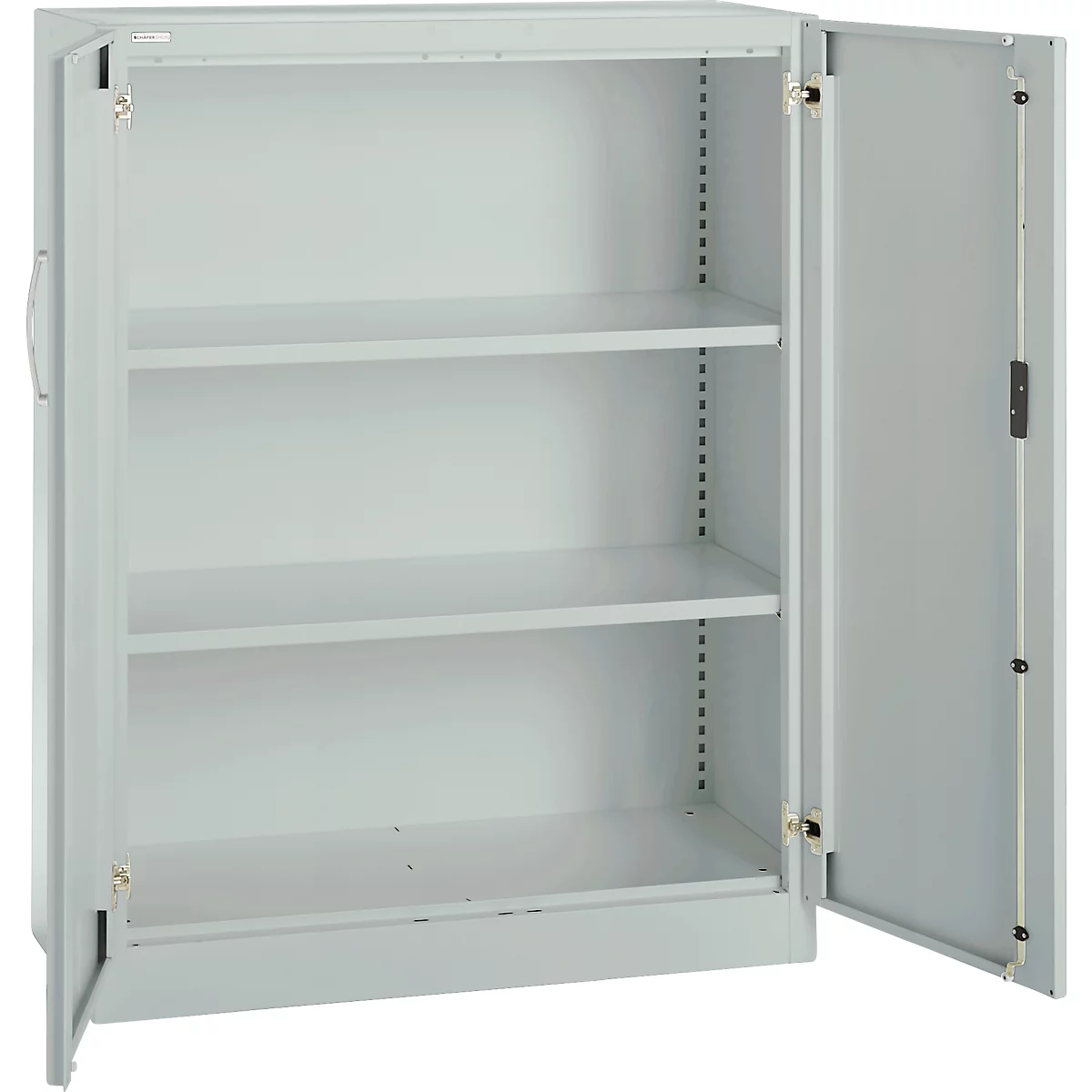 Grey steel cabinet with two open doors. Three shelves are visible.