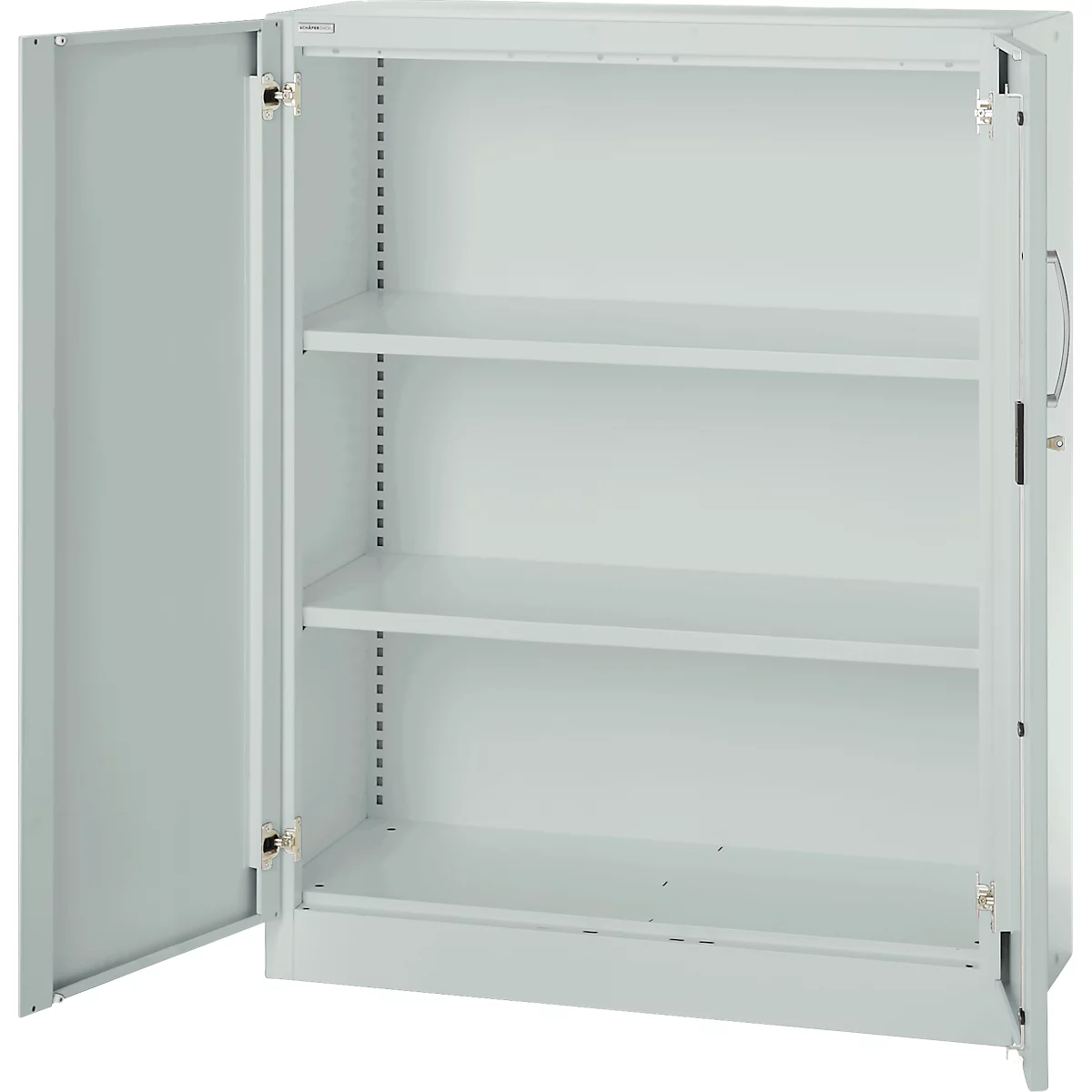 Grey steel cabinet with two open doors. Inside, there are three shelves.