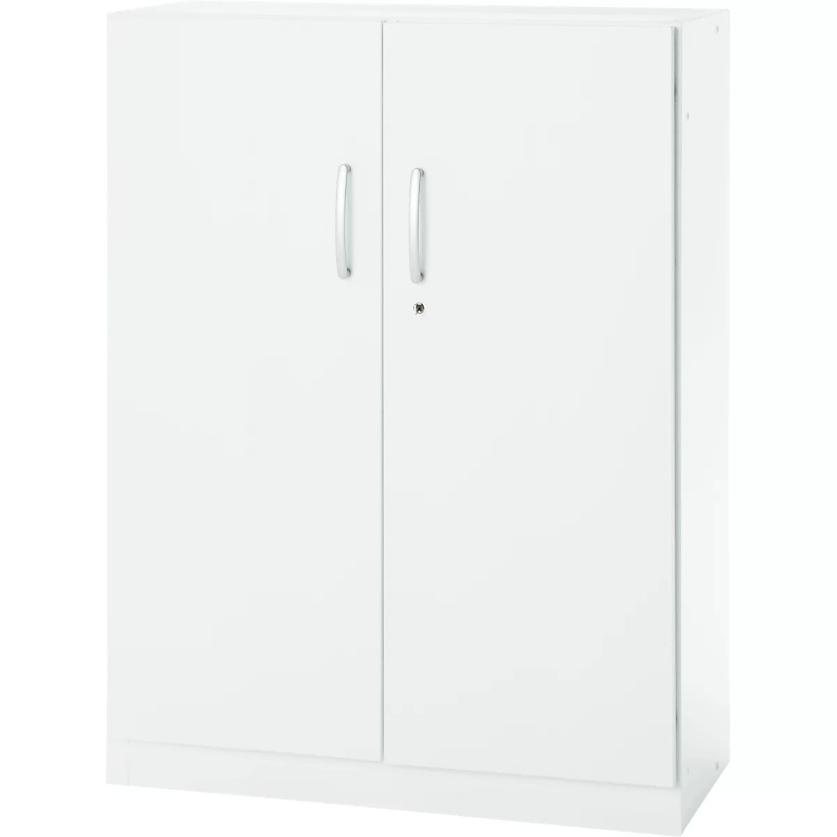 White cabinet with two doors, silver handles, and a lock.