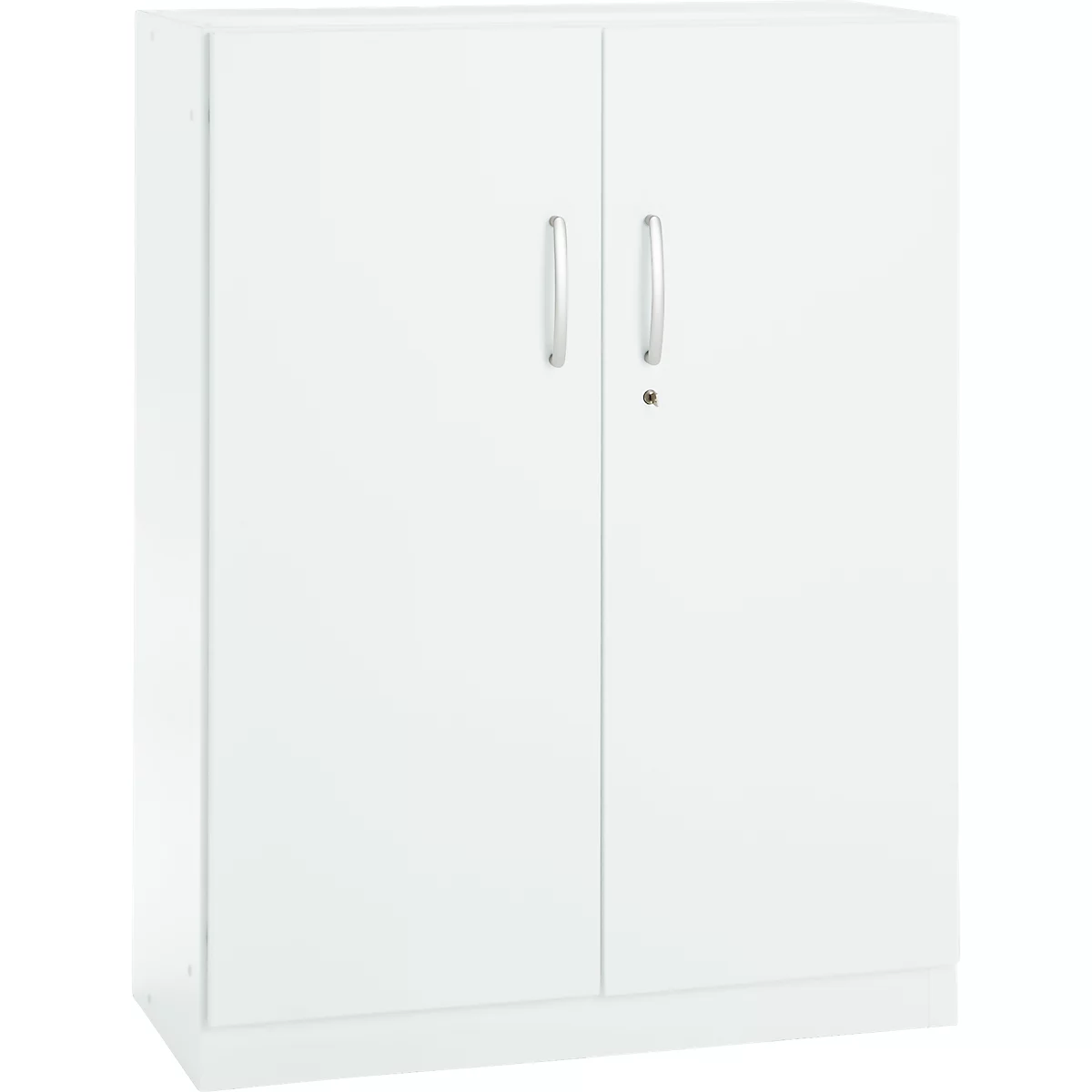 White cabinet with two doors, silver handles, and a lock.