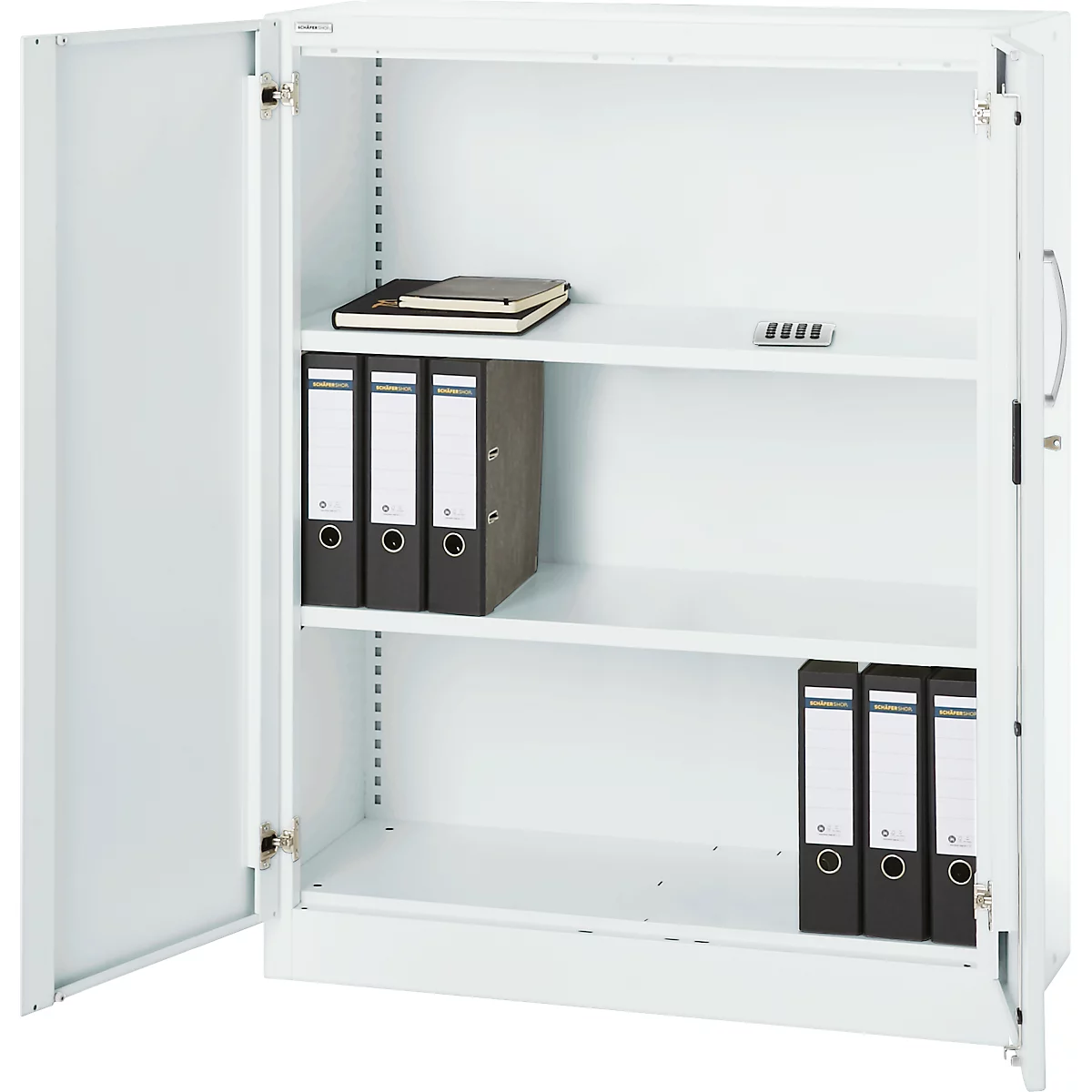 White filing cabinet with open doors. Inside are folders and notebooks.