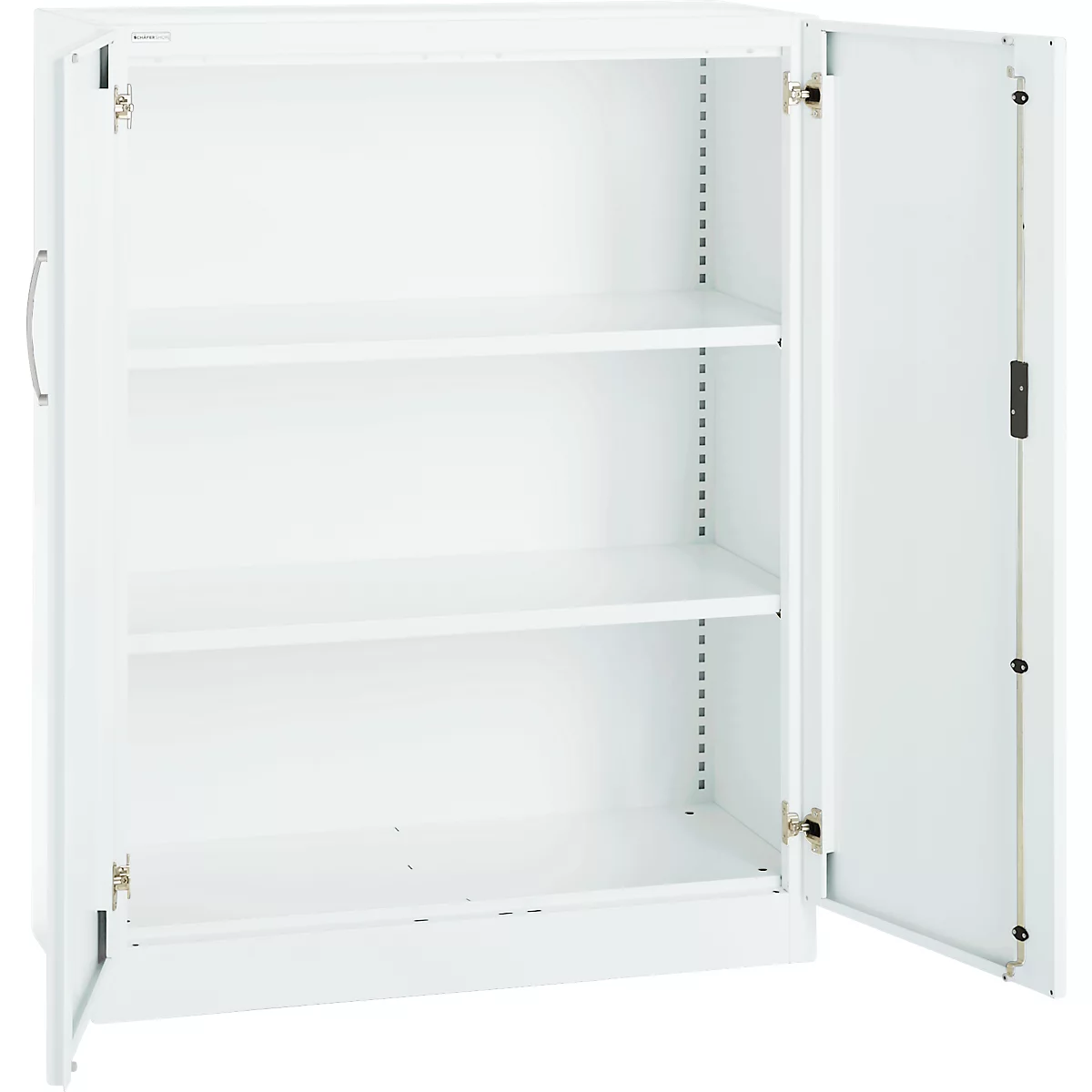 White, empty cabinet with open doors, three shelves, and a handle.