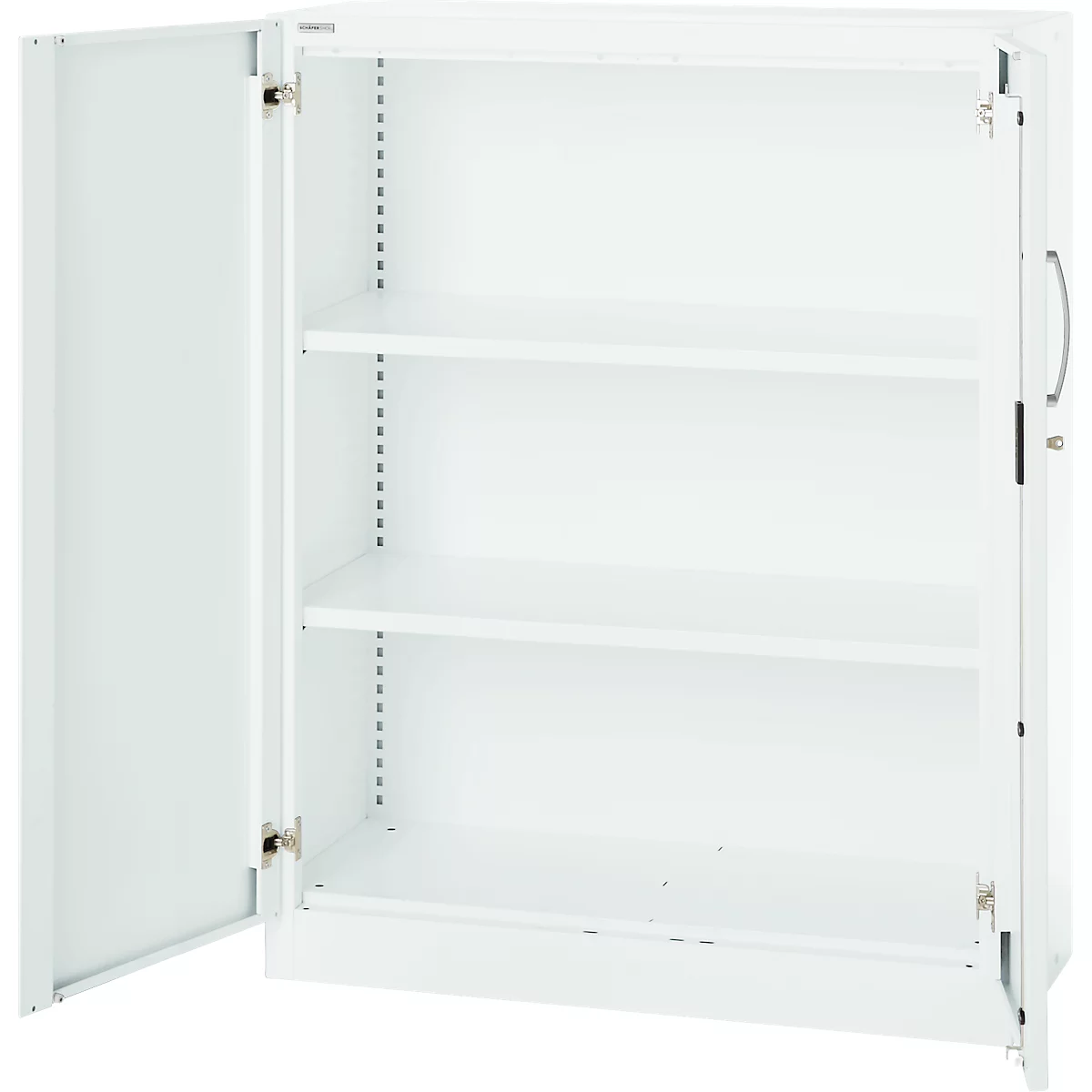White steel cabinet, both doors open, three shelves visible.