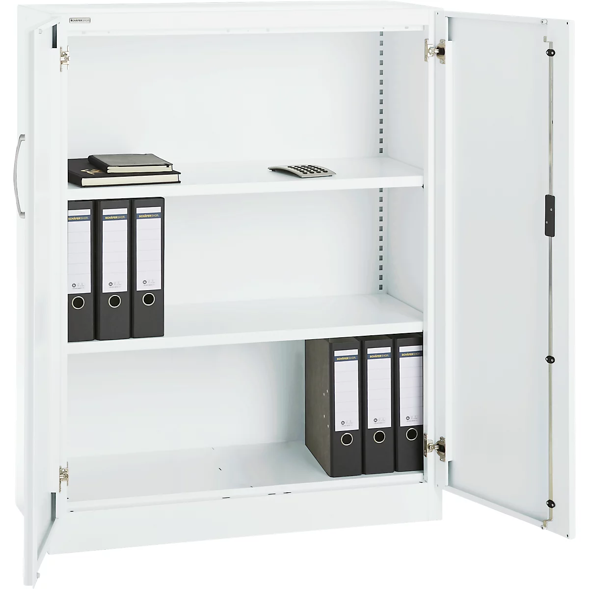 White steel cabinet, open door, filled with folders, notepad and calculator. Interior shelves.