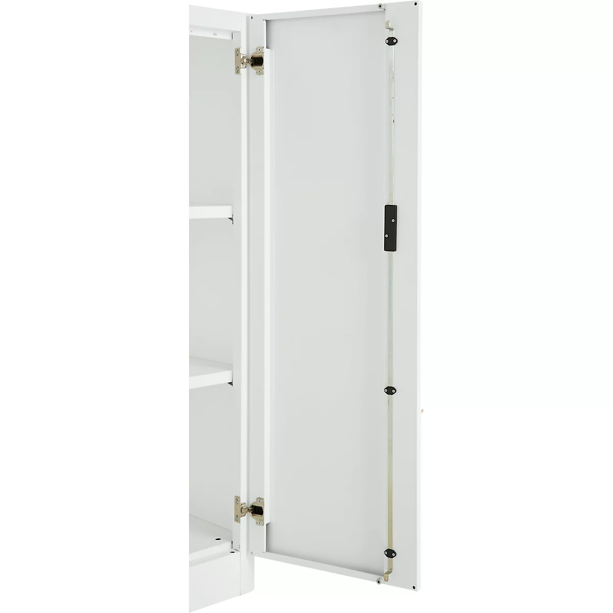 Open white cabinet door with silver hinges and a holding bracket.