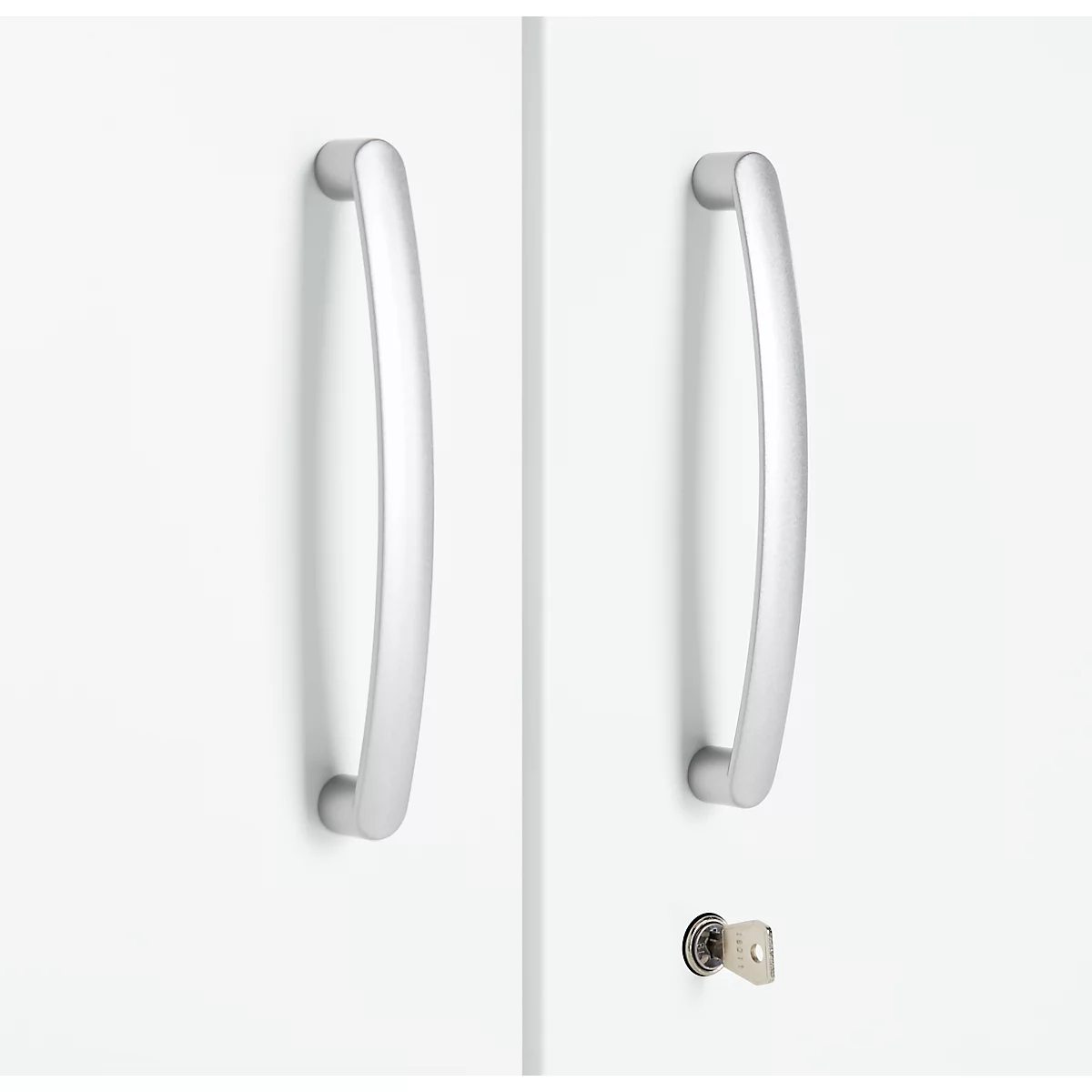 White cabinet doors with silver handles. A keyhole with a key is in the lower right corner.