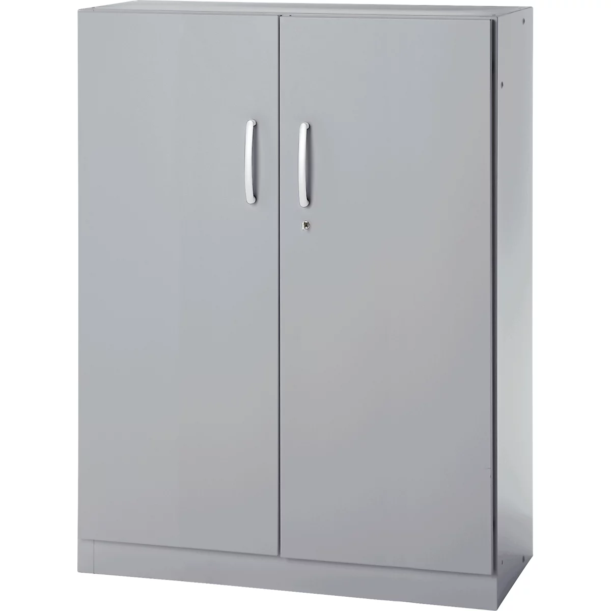 Gray cabinet with two doors and handles. The doors are closed and have a locking mechanism.