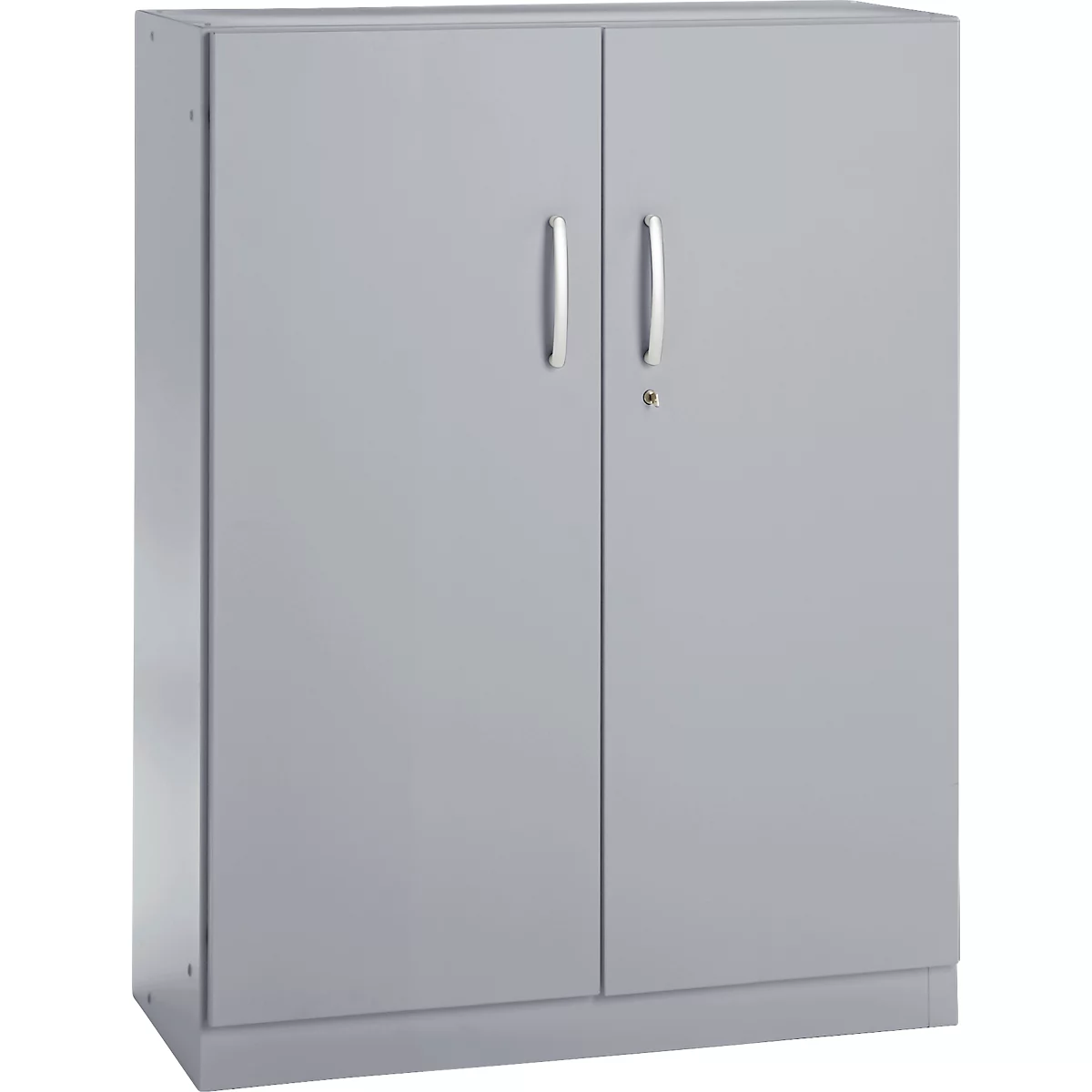 Gray cabinet with two doors and silver handles. There is a keyhole on the right door.