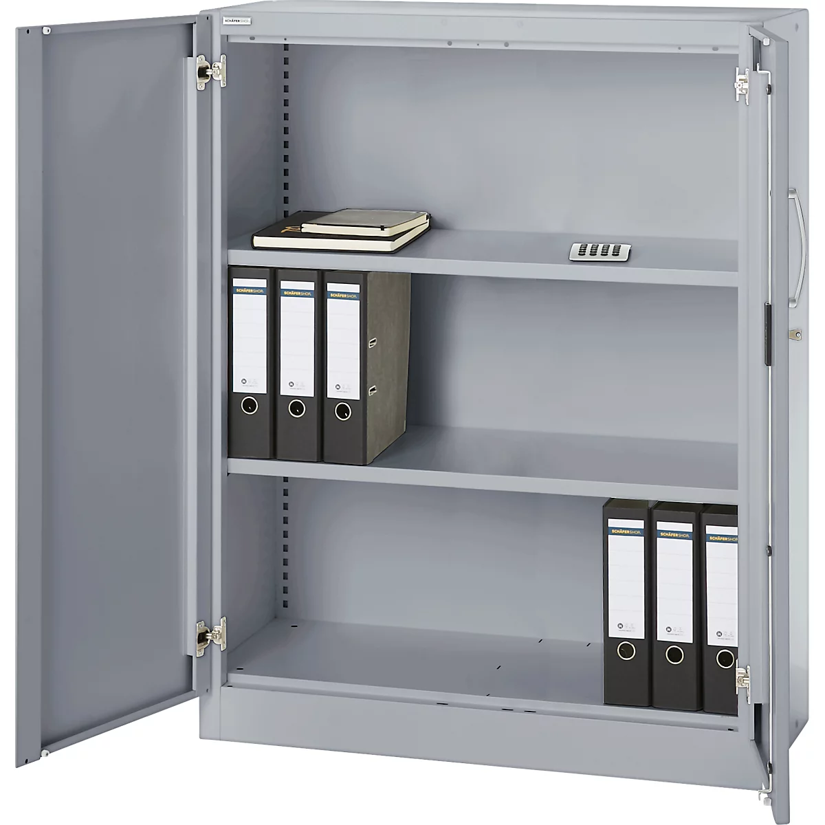 Gray filing cabinet with open door. File folders and a notebook are on the shelves.
