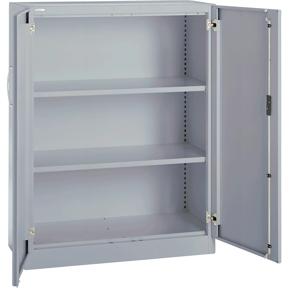 Grey metal cabinet, one door open, three shelves visible.