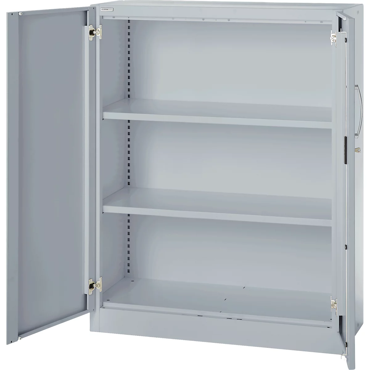 A grey steel cabinet with two open doors, three shelves inside. A handle is on the right side.