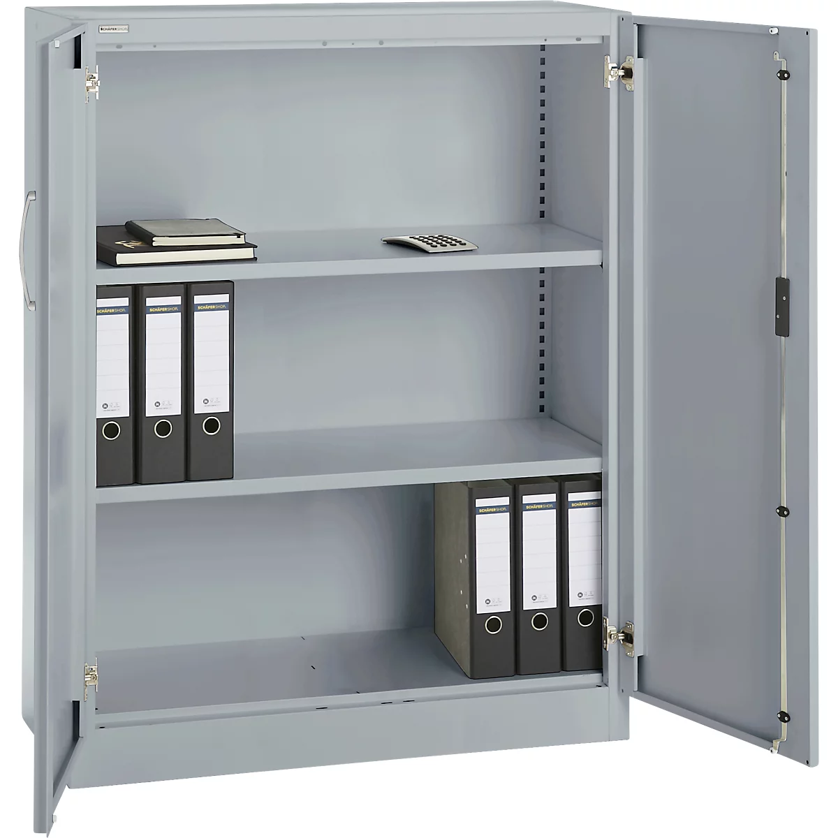 Grey steel cabinet with open doors. Inside, there are folders, a notebook, pens, and a calculator.