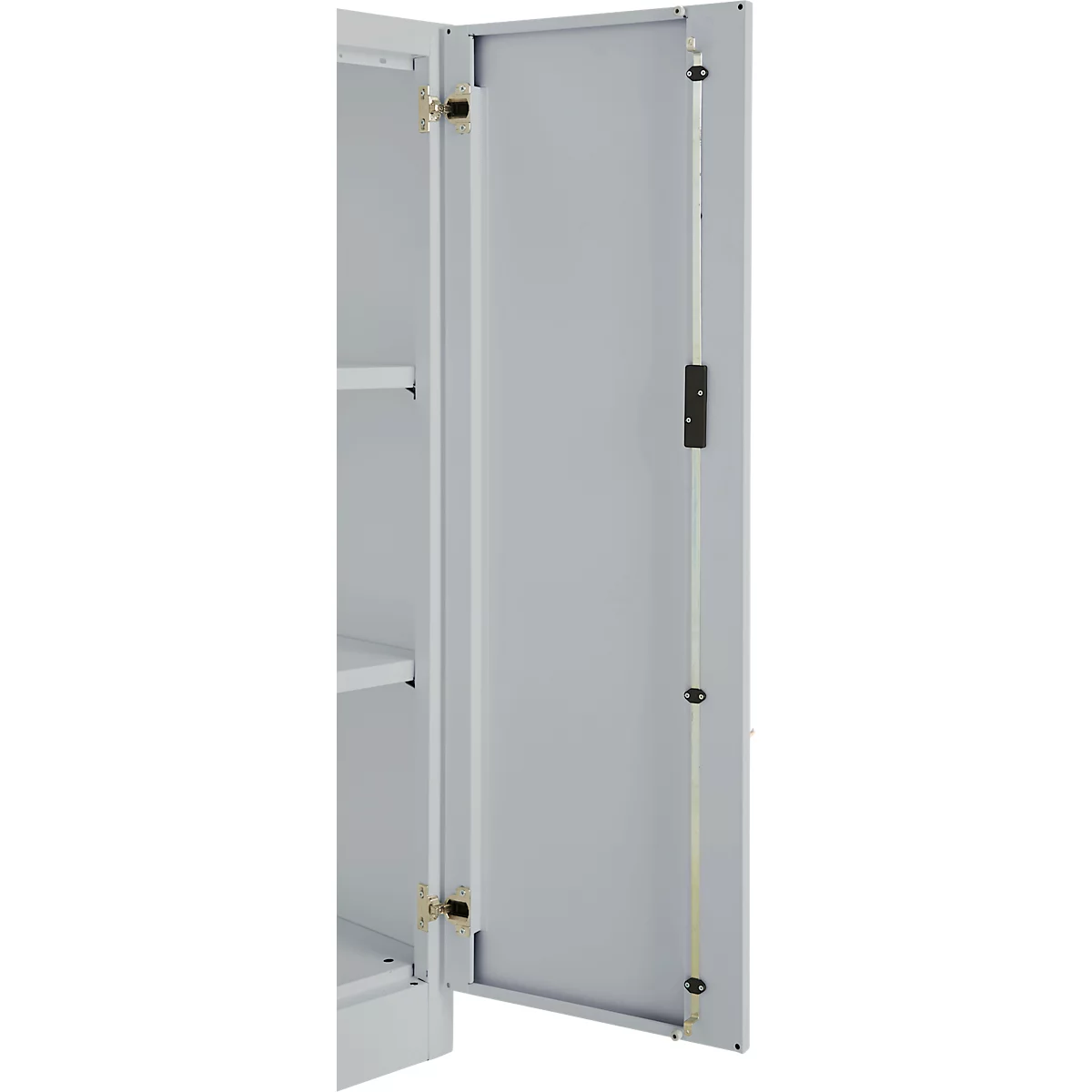 White metal cabinet door, partially open. Gold-colored hinges and a rod with holders on the door.