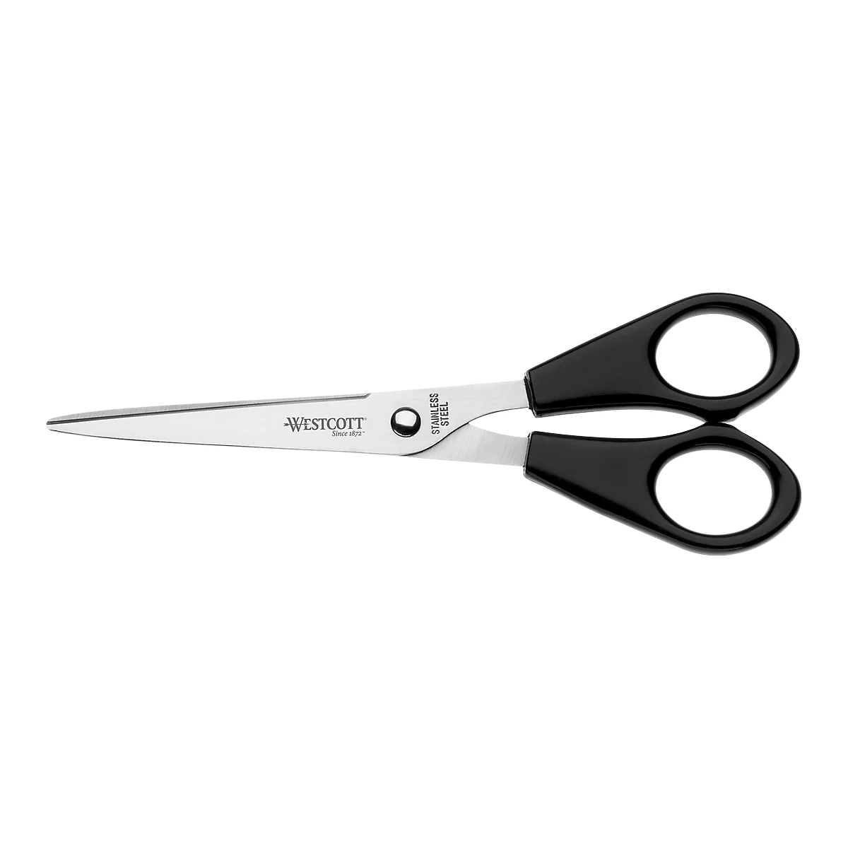 Scissors with black handles and metal blades. The blade reads "WESTCOTT" and "STAINLESS STEEL".