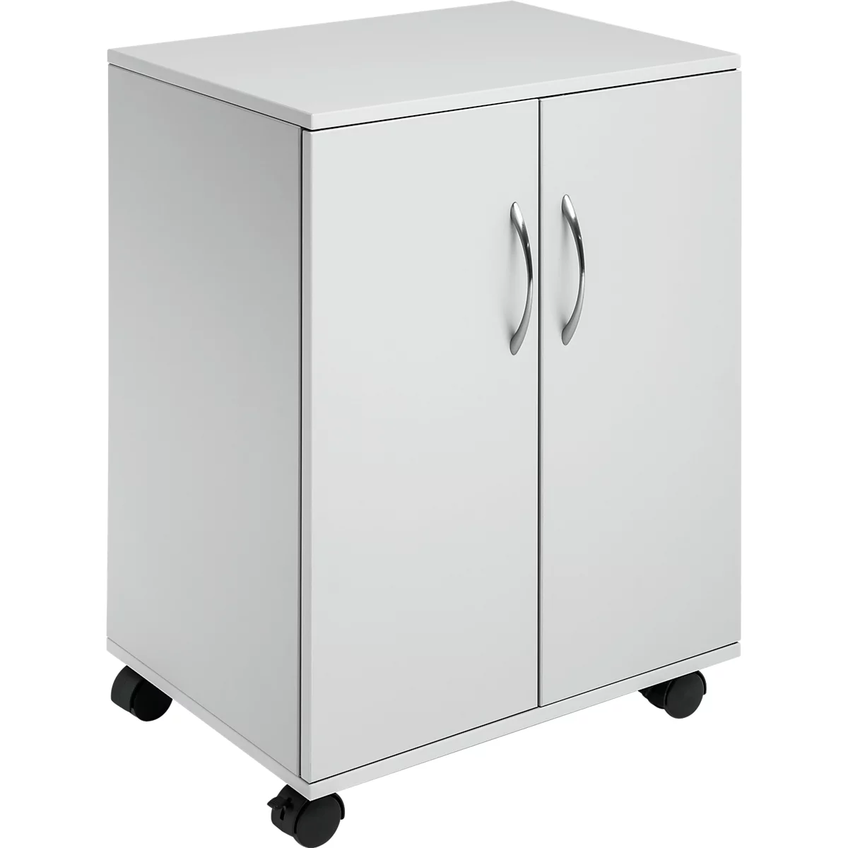 White cabinet with two doors and silver handles, standing on casters.