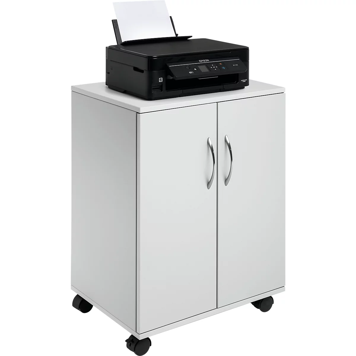 Black printer with paper on white cabinet with wheels. Metal handles.