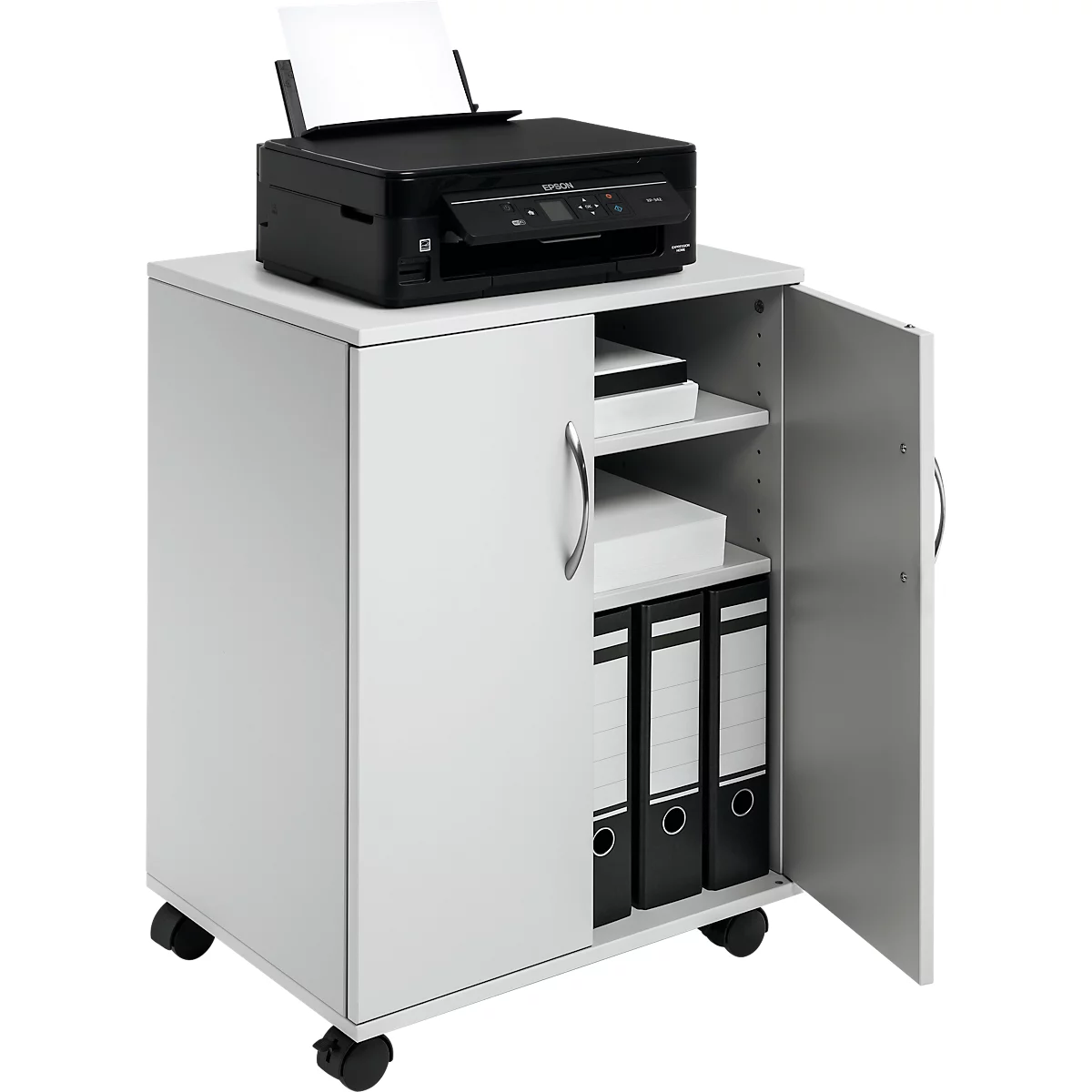 White rolling cabinet with black printer and open door. Folders and paper in the cabinet.