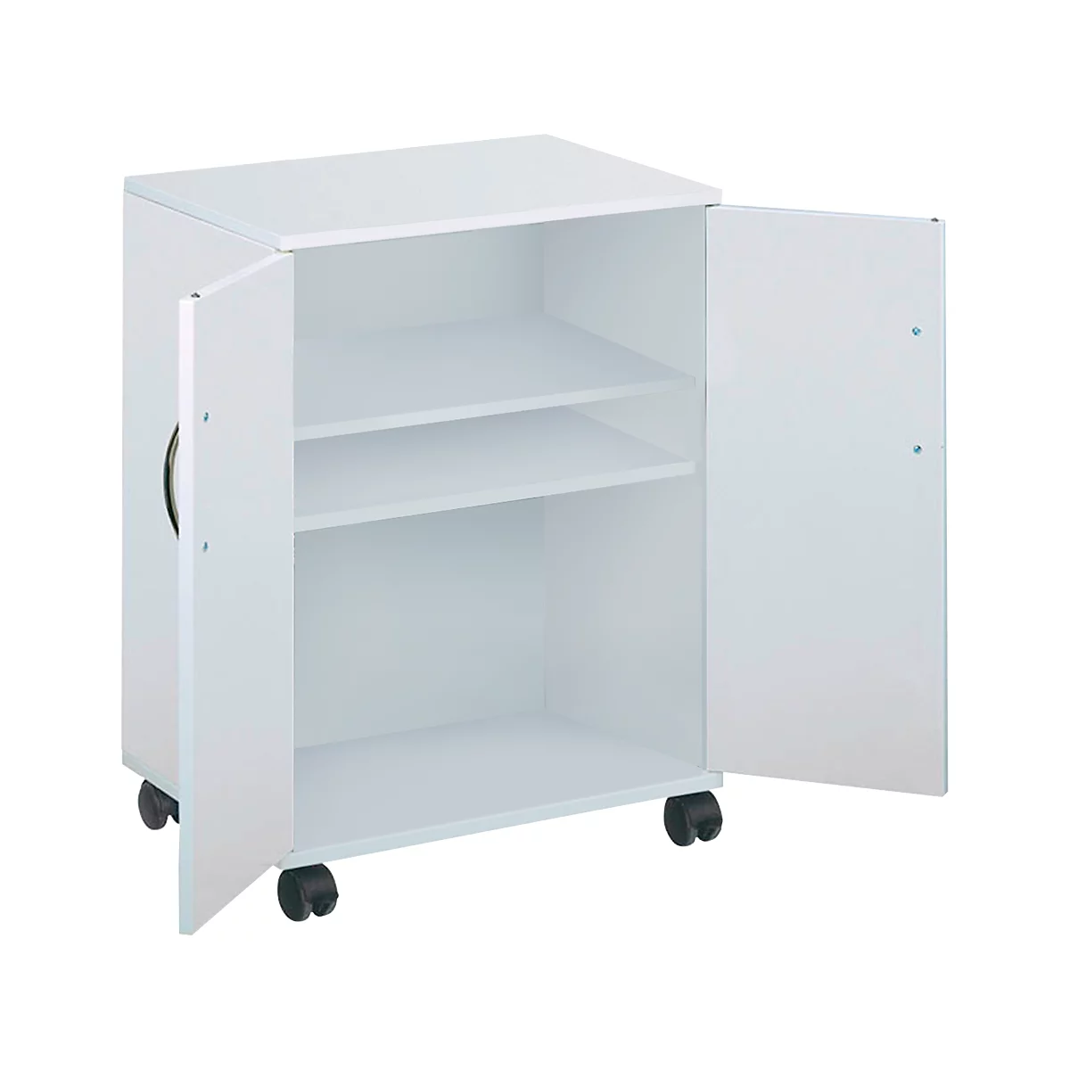 A white cabinet with two doors open to show two shelves and the interior. The cabinet is on wheels.