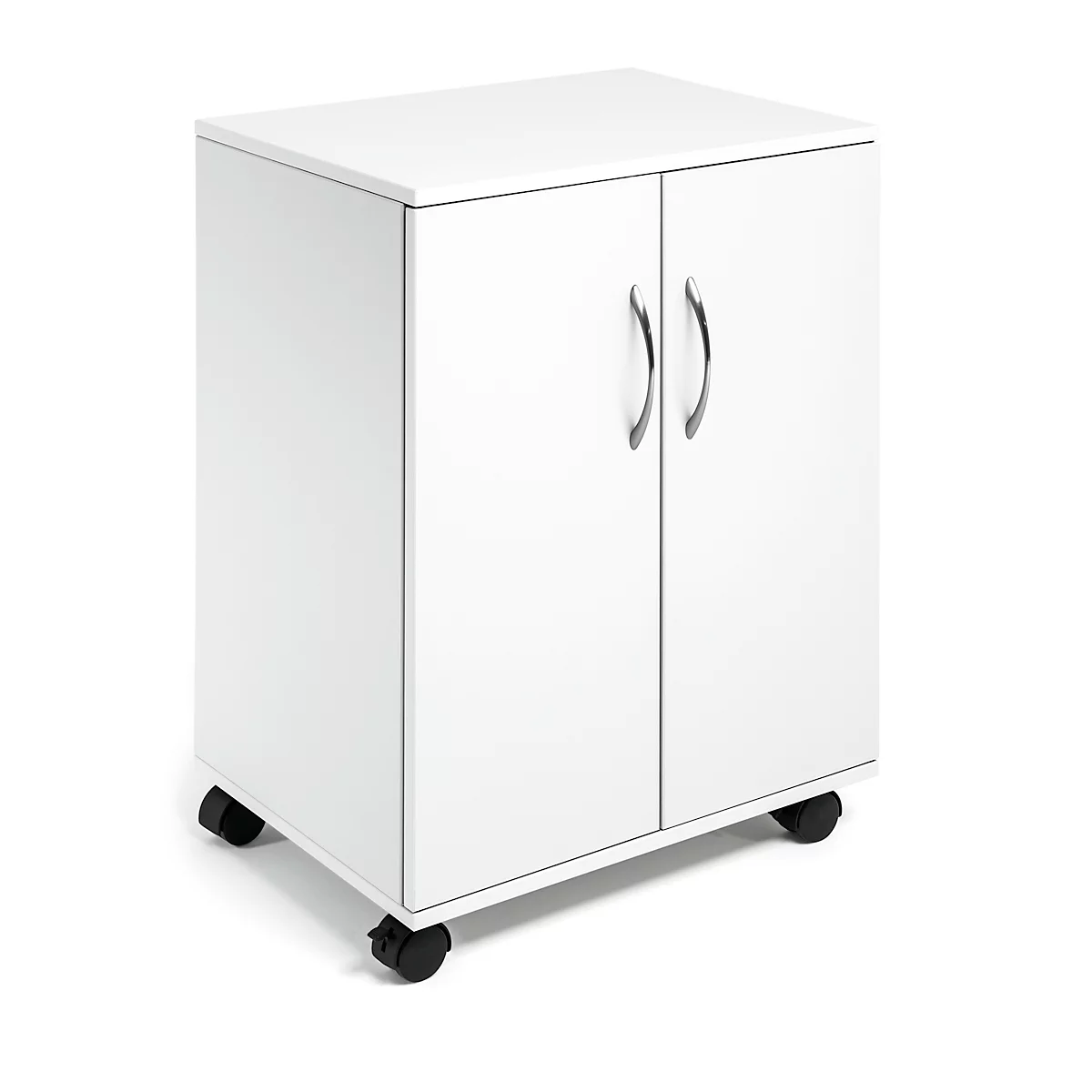 White cabinet with two doors, silver handles and casters.