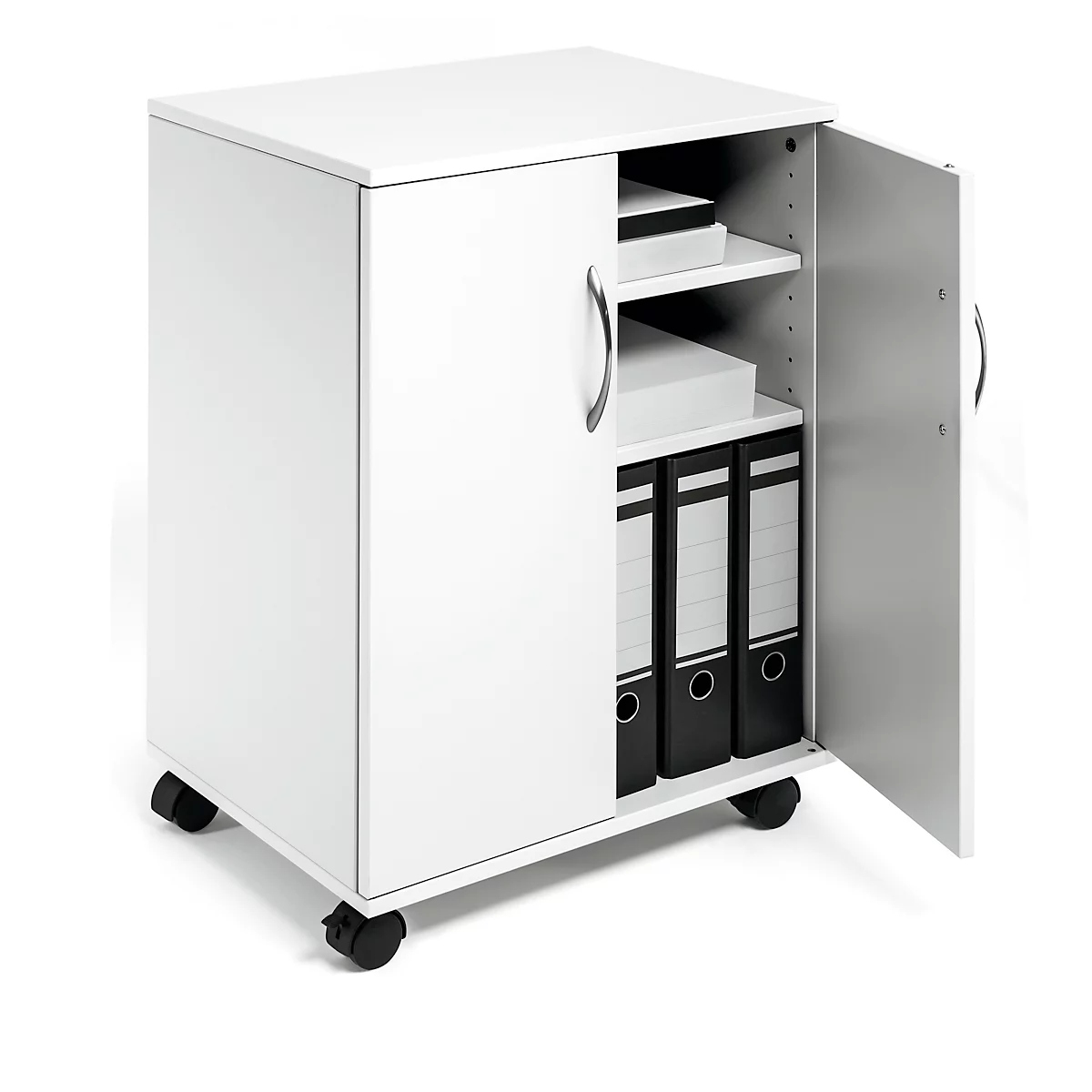 White rolling cabinet with open doors, filled with folders and boxes. The cabinet stands on wheels.