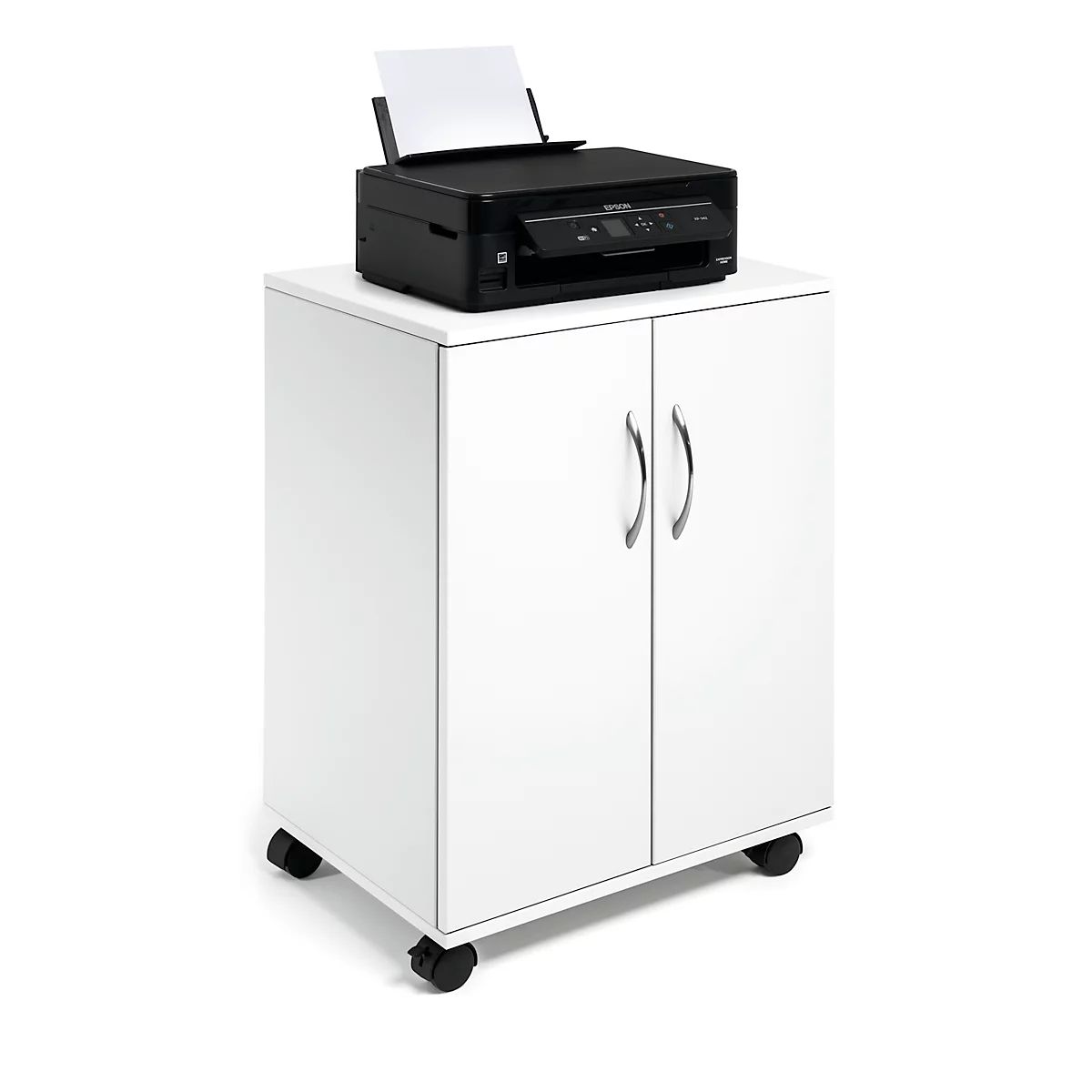 Black printer with paper on white cabinet. The cabinet has two doors and wheels.
