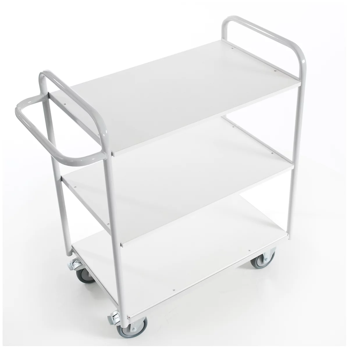 Serving cart with three white shelves and gray frame on a white background.