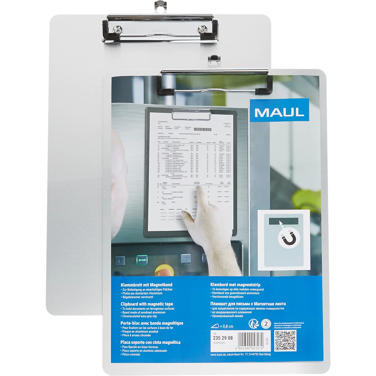 Presse-papiers en aluminium avec bande magnétique Maul pour fixer des documents sur des surfaces métalliques.